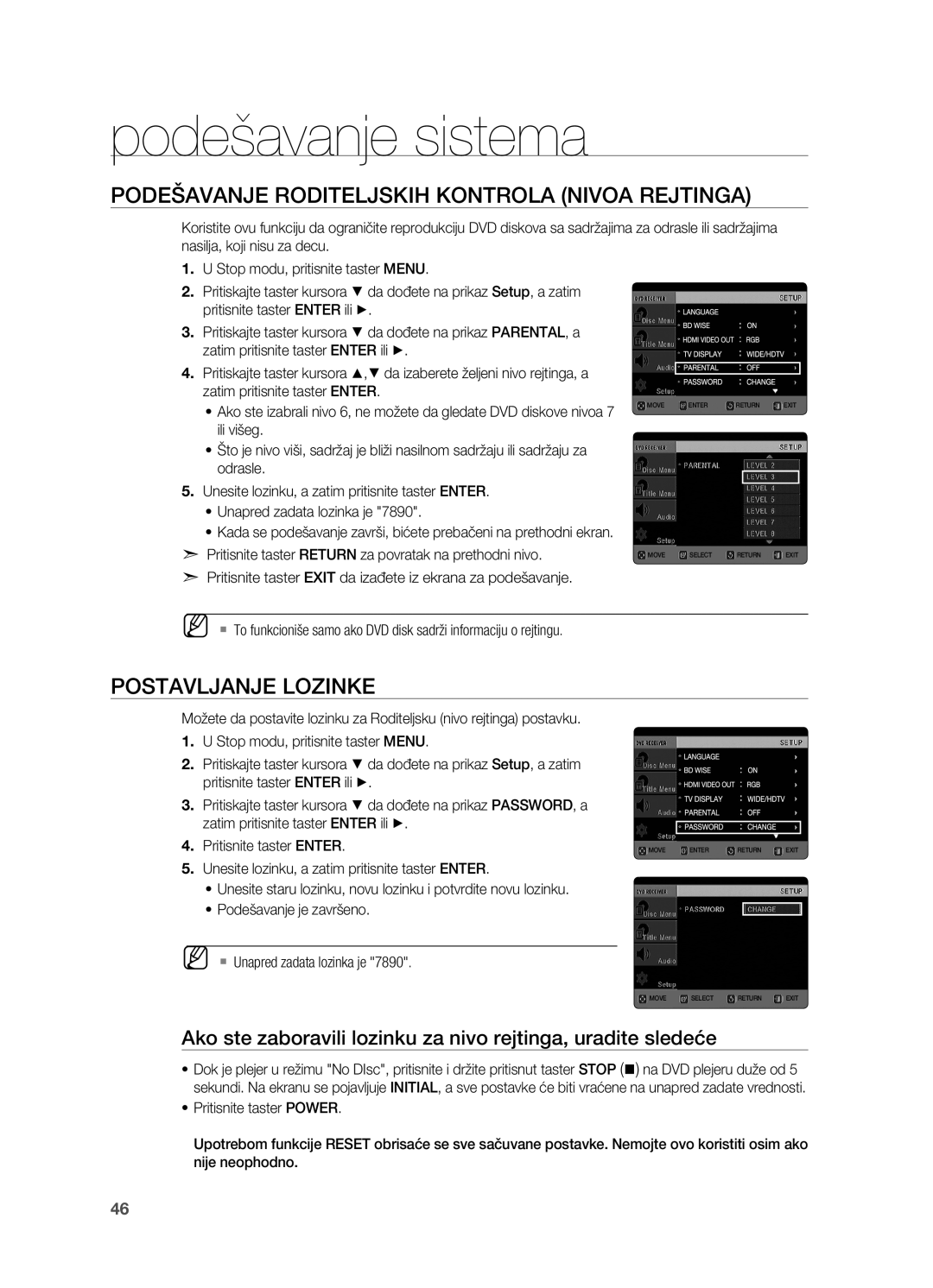 Samsung HT-TX725GT/EDC manual Podešavanje roditeljskih kontrola nivoa rejtinga, Postavljanje lozinke 