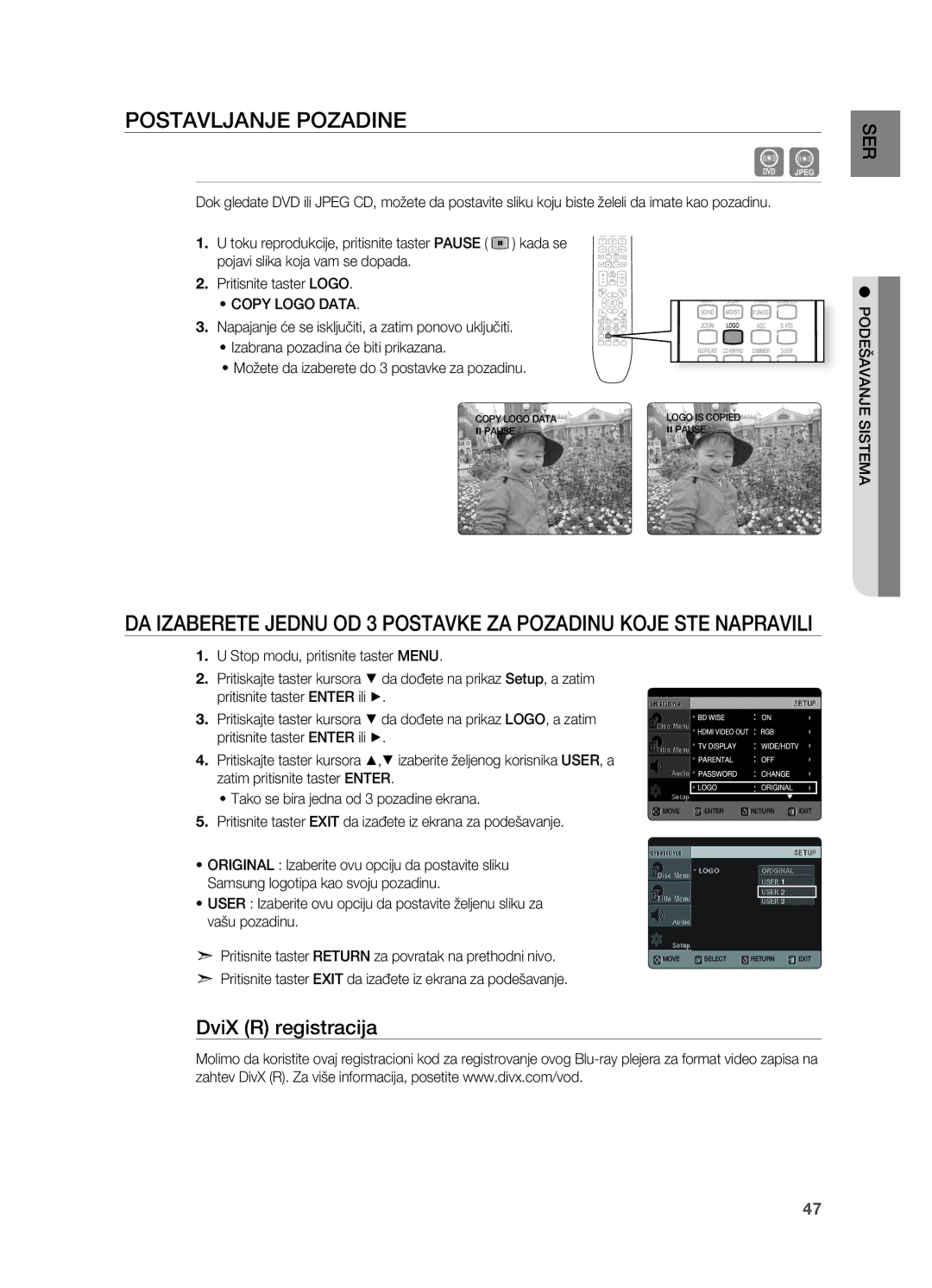 Samsung HT-TX725GT/EDC manual PoSTAVLjANjE PozADINE, DviX R registracija 