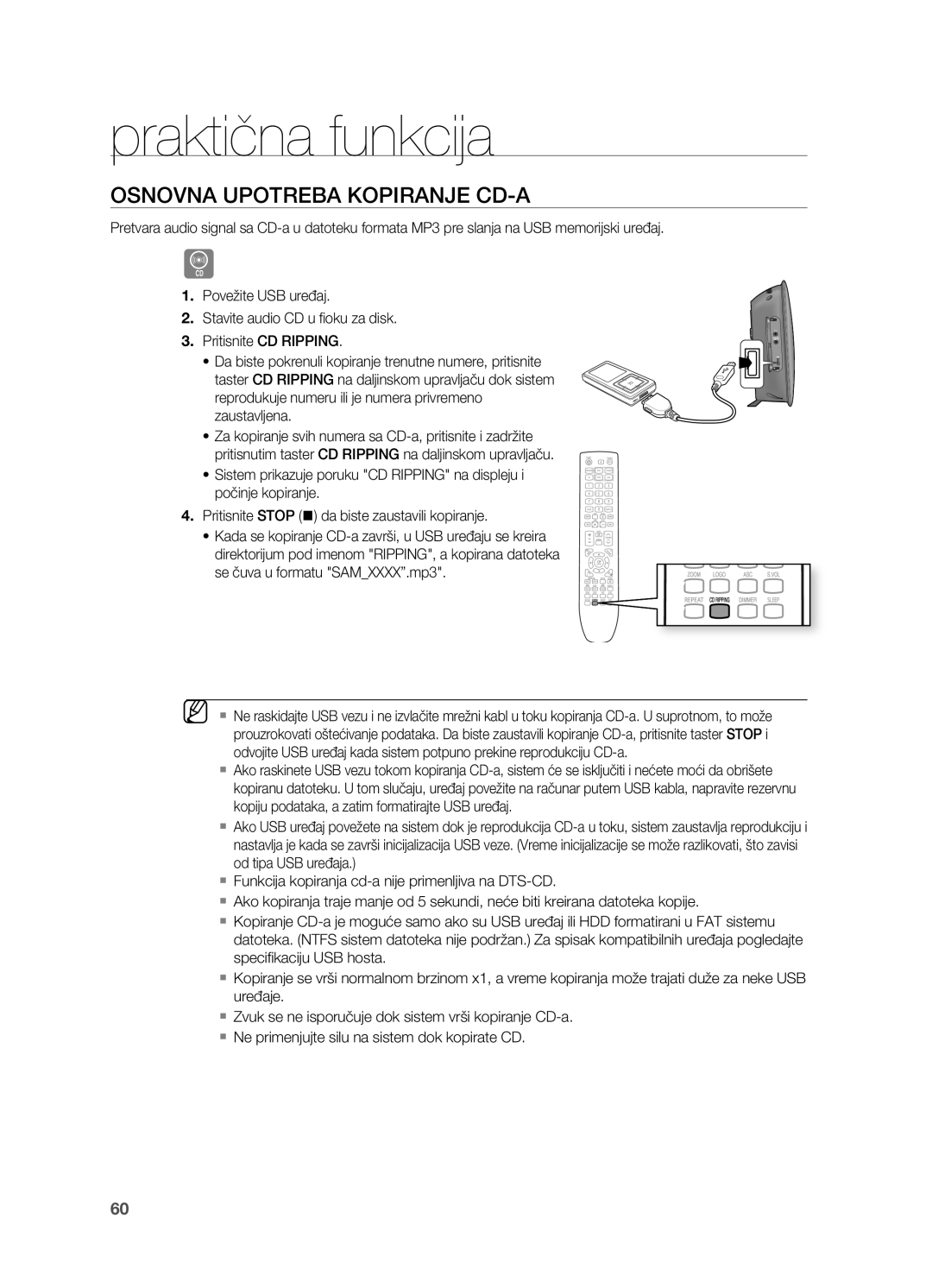 Samsung HT-TX725GT/EDC manual OSNoVNA UPoTREBA koPIRANjE CD-A 