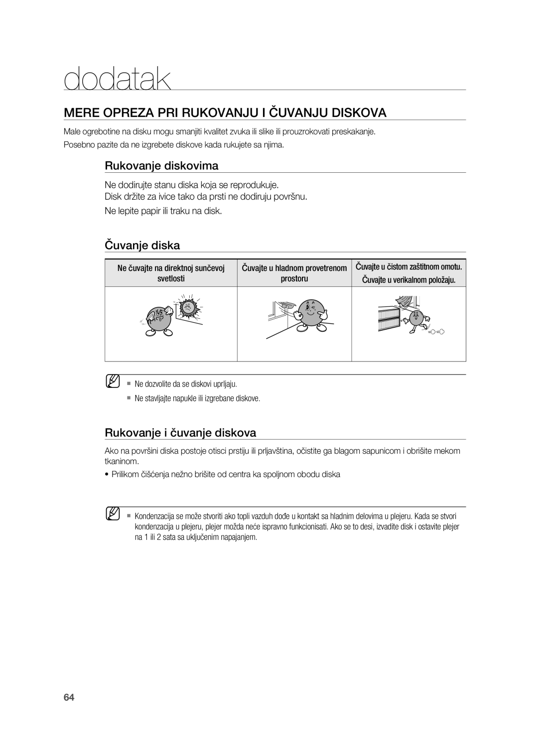 Samsung HT-TX725GT/EDC manual Dodatak, Mere opreza pri rukovanju i čuvanju diskova, Rukovanje diskovima, Čuvanje diska 