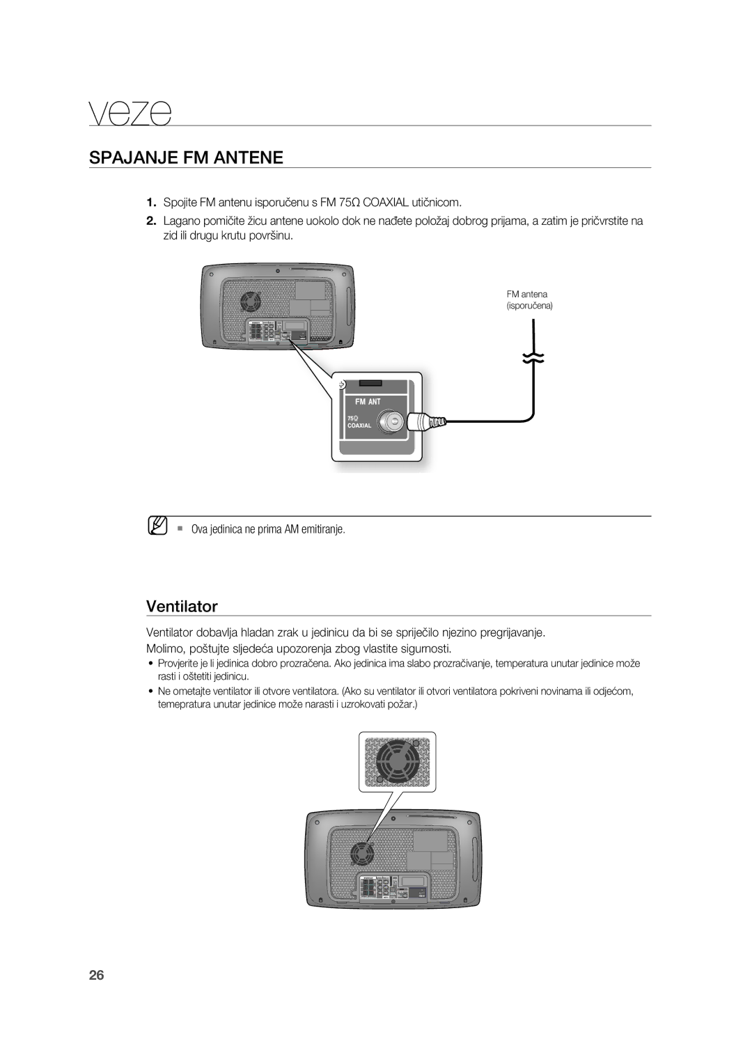 Samsung HT-TX725GT/EDC manual SPAjANjE FM Antene, Ventilator, ` Ova jedinica ne prima AM emitiranje 