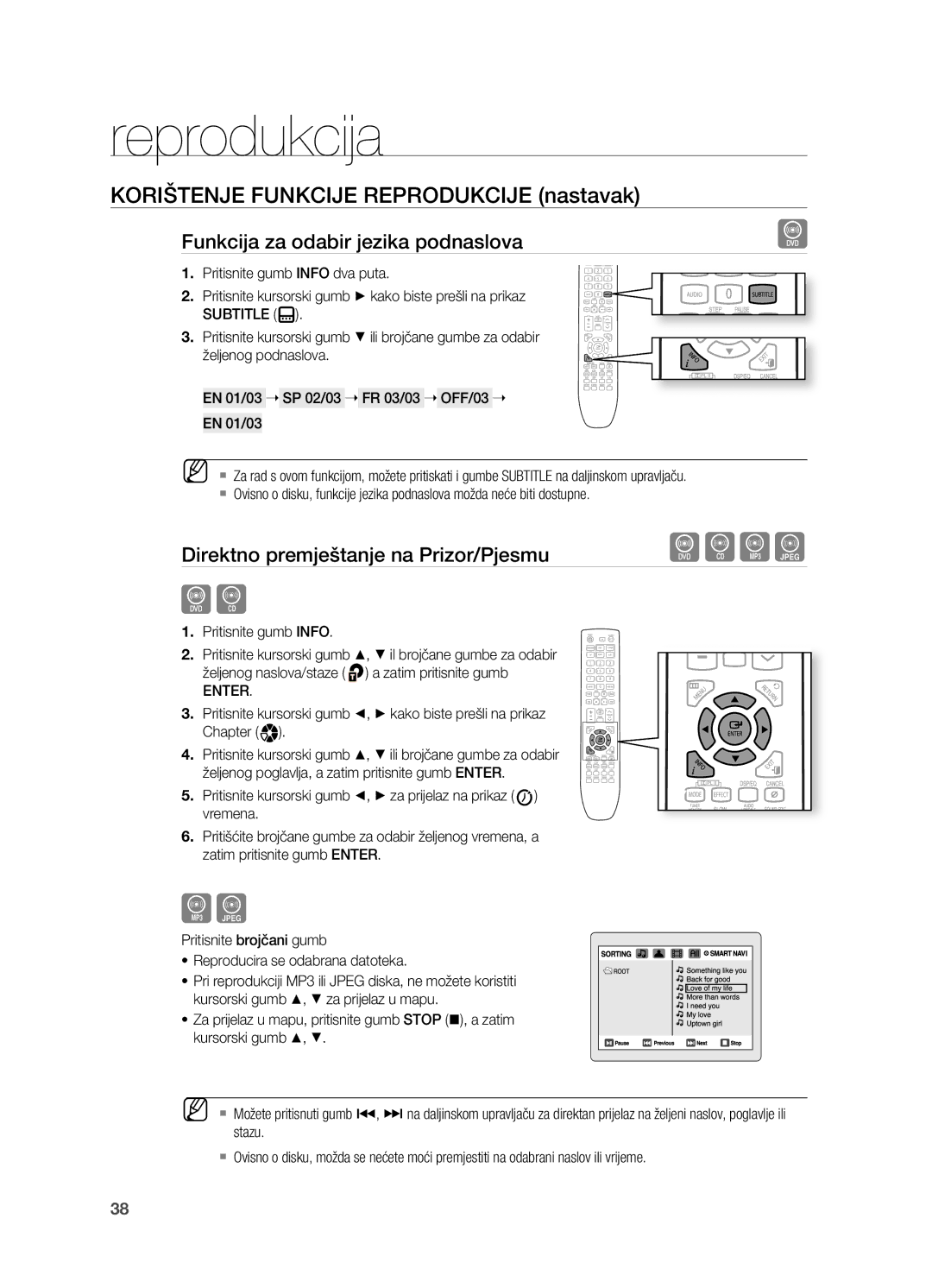 Samsung HT-TX725GT/EDC manual Funkcija za odabir jezika podnaslova, Direktno premještanje na Prizor/Pjesmu 