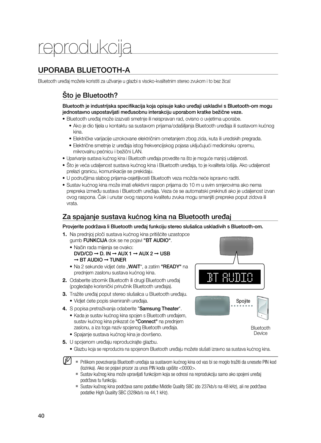 Samsung HT-TX725GT/EDC manual Uporaba BLUETOOTH-A, Što je Bluetooth?, Za spajanje sustava kućnog kina na Bluetooth uređaj 