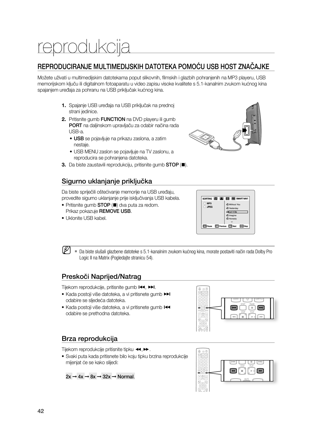 Samsung HT-TX725GT/EDC manual Sigurno uklanjanje priključka, . Da biste zaustavili reprodukciju, pritisnite gumb SToP @ 