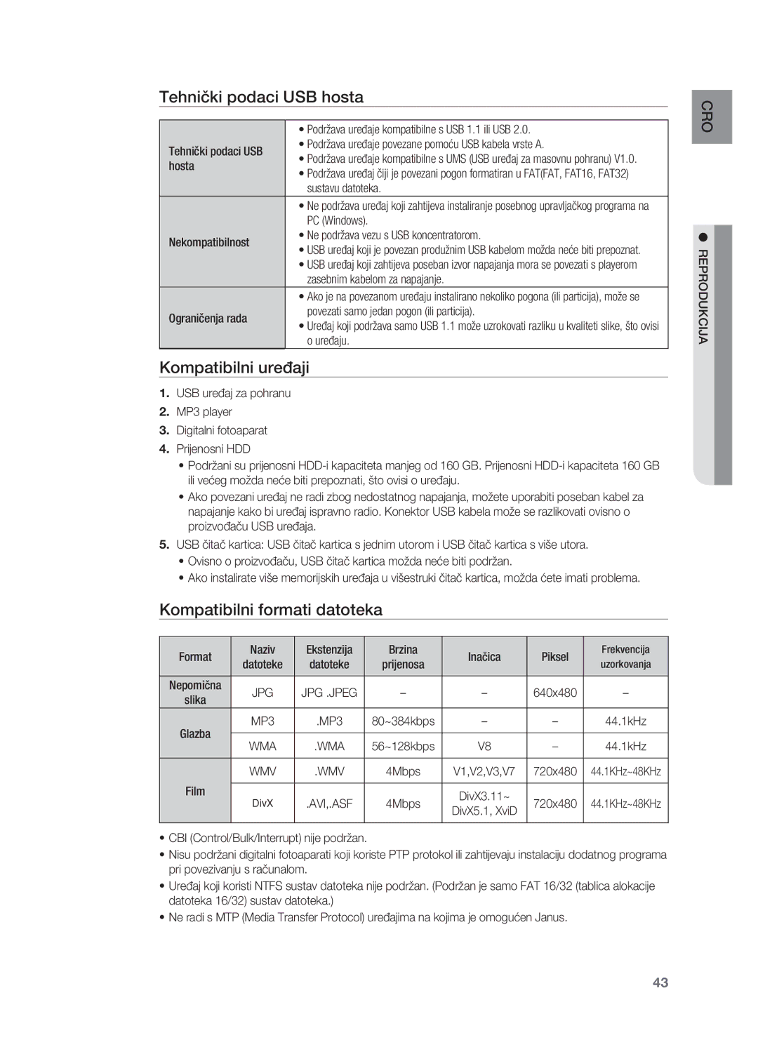 Samsung HT-TX725GT/EDC manual Tehnički podaci USB hosta 