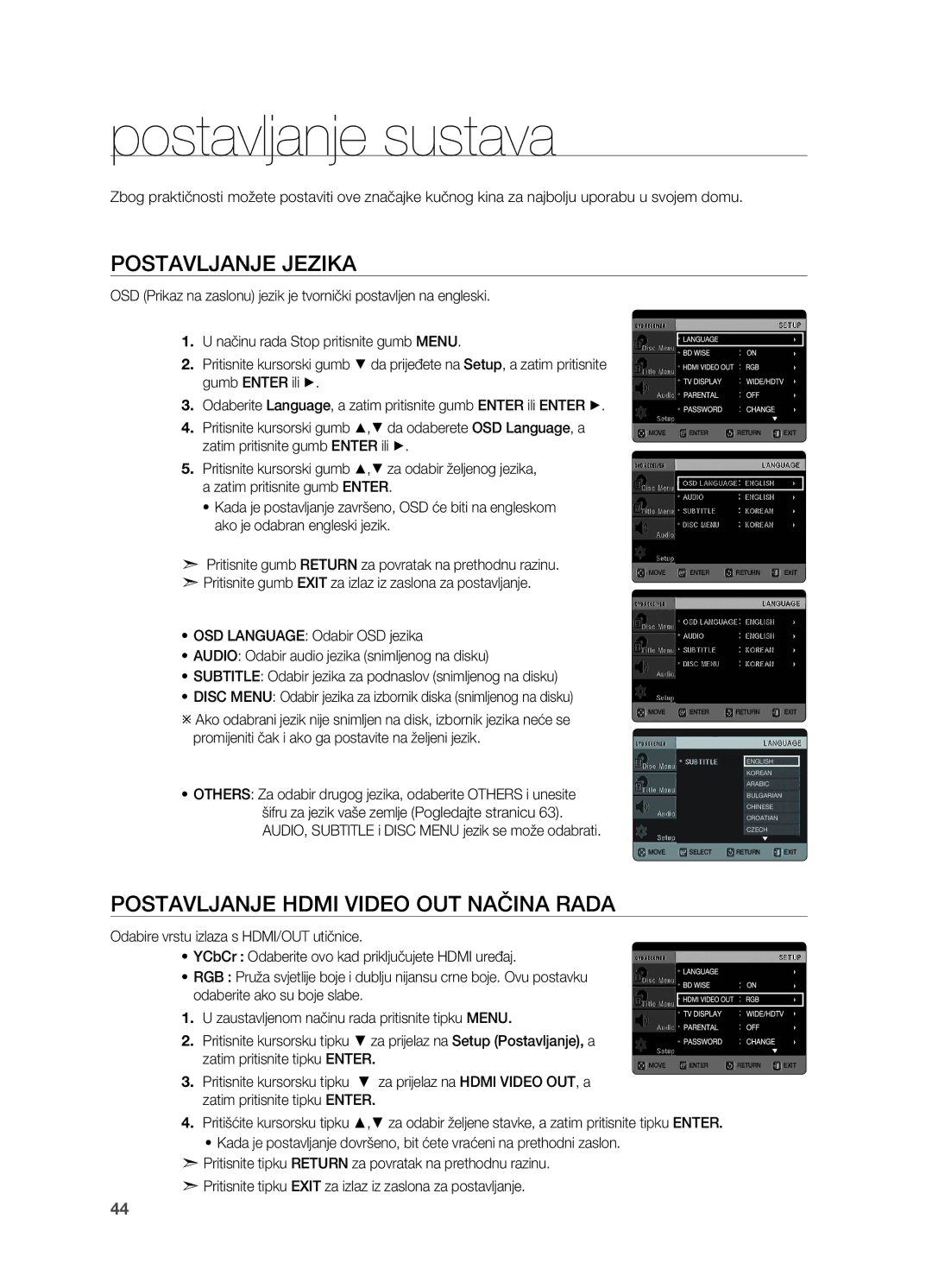 Samsung HT-TX725GT/EDC manual Postavljanje sustava, Postavljanje jezika, Postavljanje Hdmi Video OUT Načina Rada 