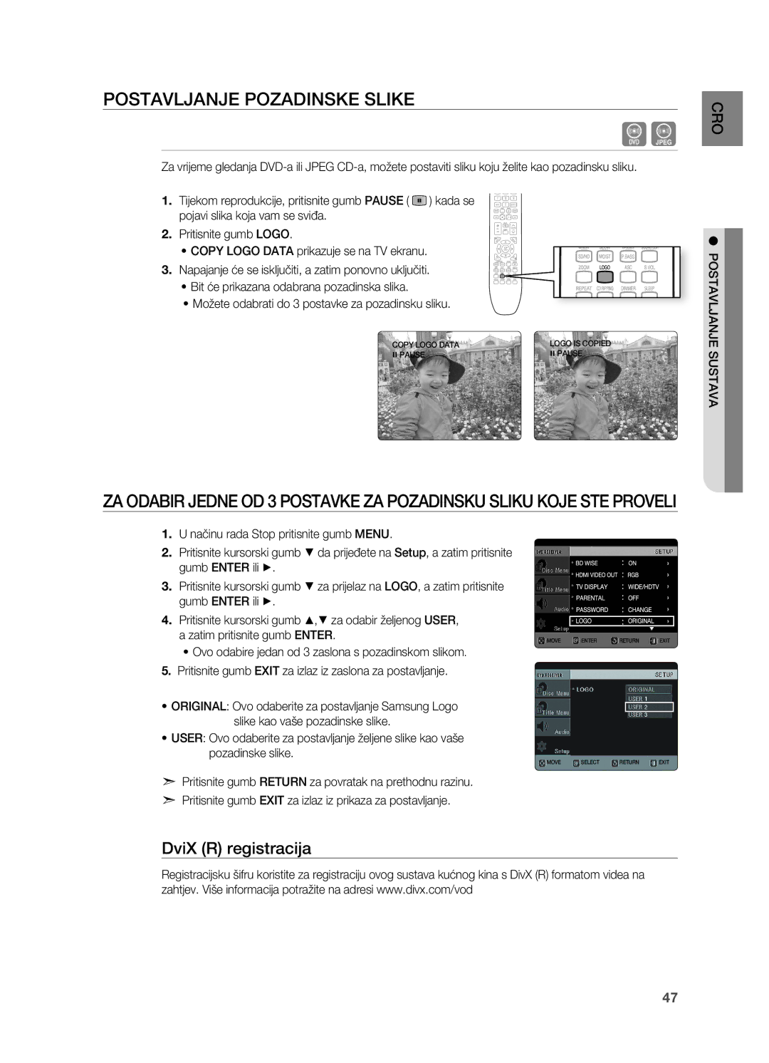 Samsung HT-TX725GT/EDC manual PoSTAVLjANjE PozADINSkE SLIkE, CRo 