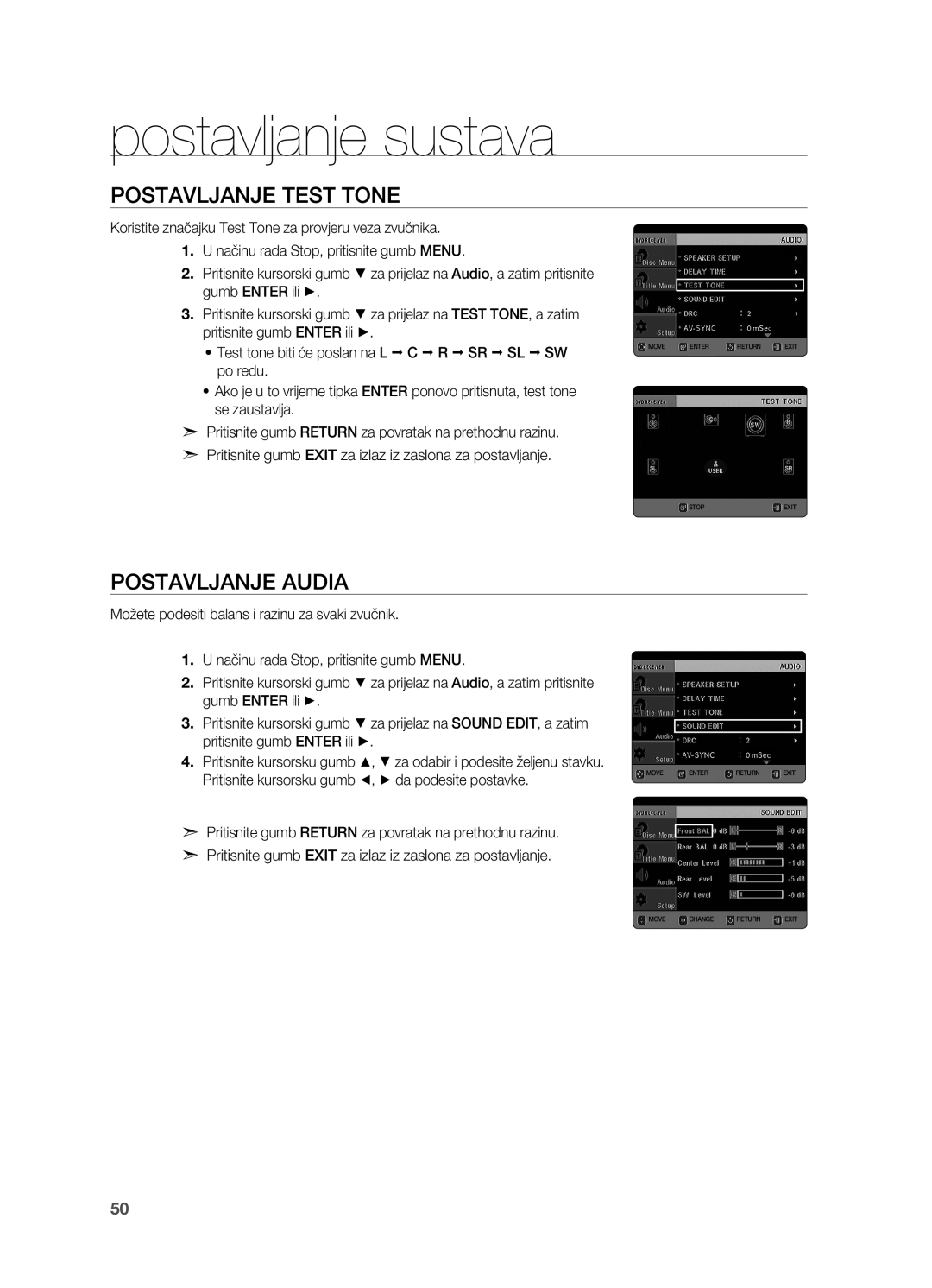 Samsung HT-TX725GT/EDC manual Postavljanje Test Tone, Postavljanje audia 