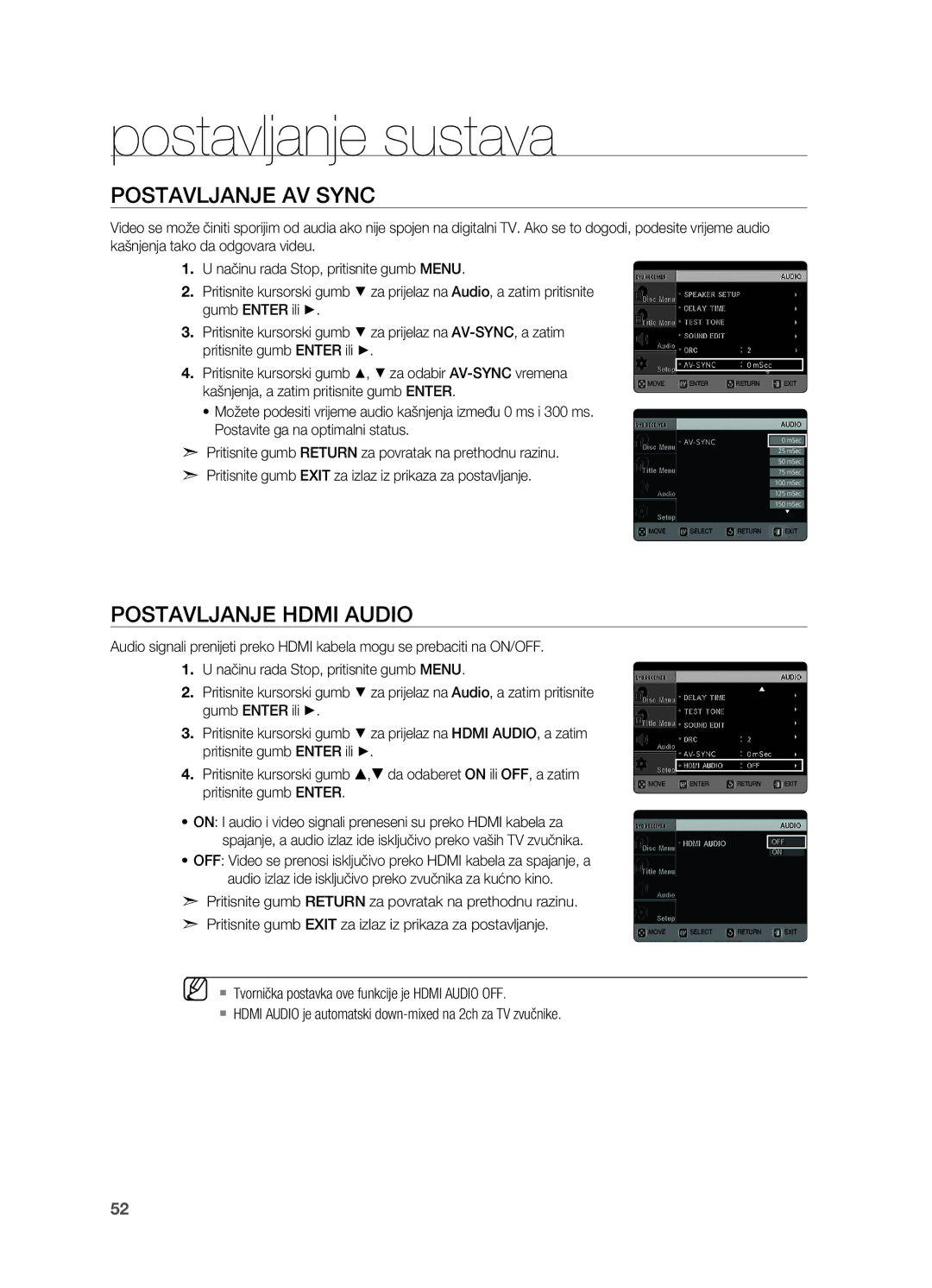 Samsung HT-TX725GT/EDC manual Postavljanje AV Sync, Postavljanje Hdmi audio 