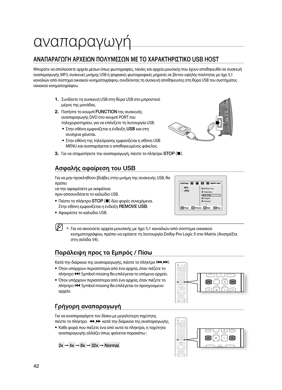 Samsung HT-TX725GT/EDC manual Αναπαραγωγη Αρχειων Πολυμεσων ΜΕ ΤΟ Χαρακτηριστικο USB Host, Ασφαλής αφαίρεση του USB 