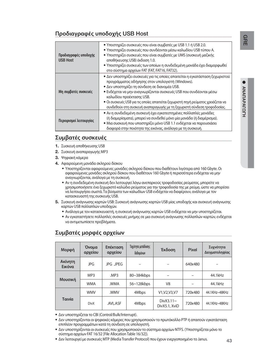 Samsung HT-TX725GT/EDC manual Προδιαγραφές υποδοχής USB Host, Συμβατές συσκευές, Συμβατές μορφές αρχείων 