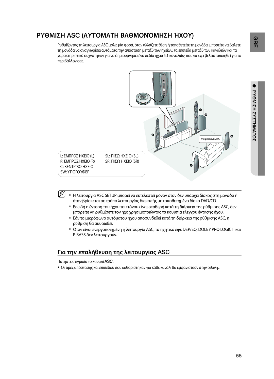 Samsung HT-TX725GT/EDC manual Ρυθμιση ASC Αυτόματη Βαθμονόμηση ήΧΟΥ, Για την επαλήθευση της λειτουργίας ASC, Εμπροσ Ηχειο L 