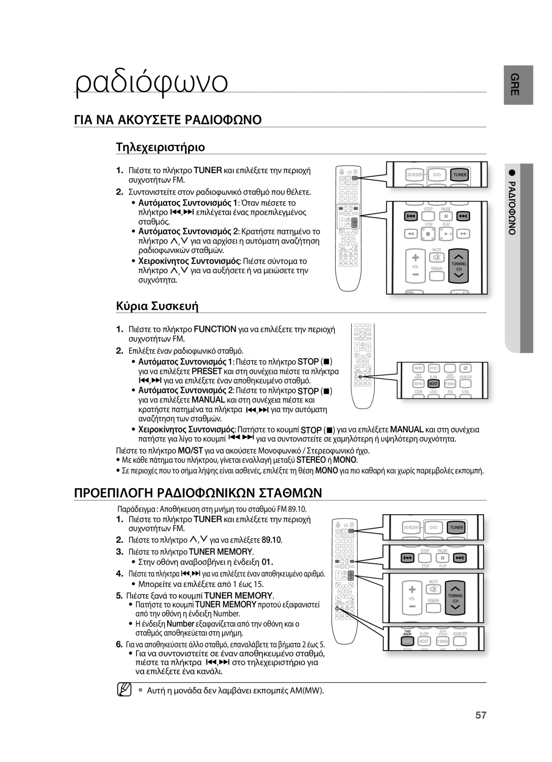 Samsung HT-TX725GT/EDC manual Ραδιόφωνο, ΓΙΑ ΝΑ Ακουσετε Ραδιοφωνο, Προεπιλογη Ραδιοφωνικων Σταθμων, Τηλεχειριστήριο 