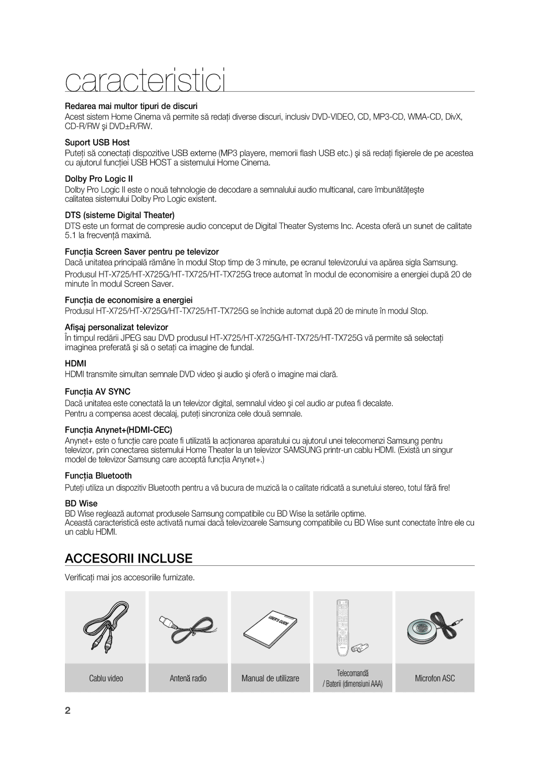 Samsung HT-TX725GT/EDC manual Caracteristici, Accesorii Incluse, Funcţia Anynet+HDMI-CEC, Funcţia Bluetooth, Microfon ASC 