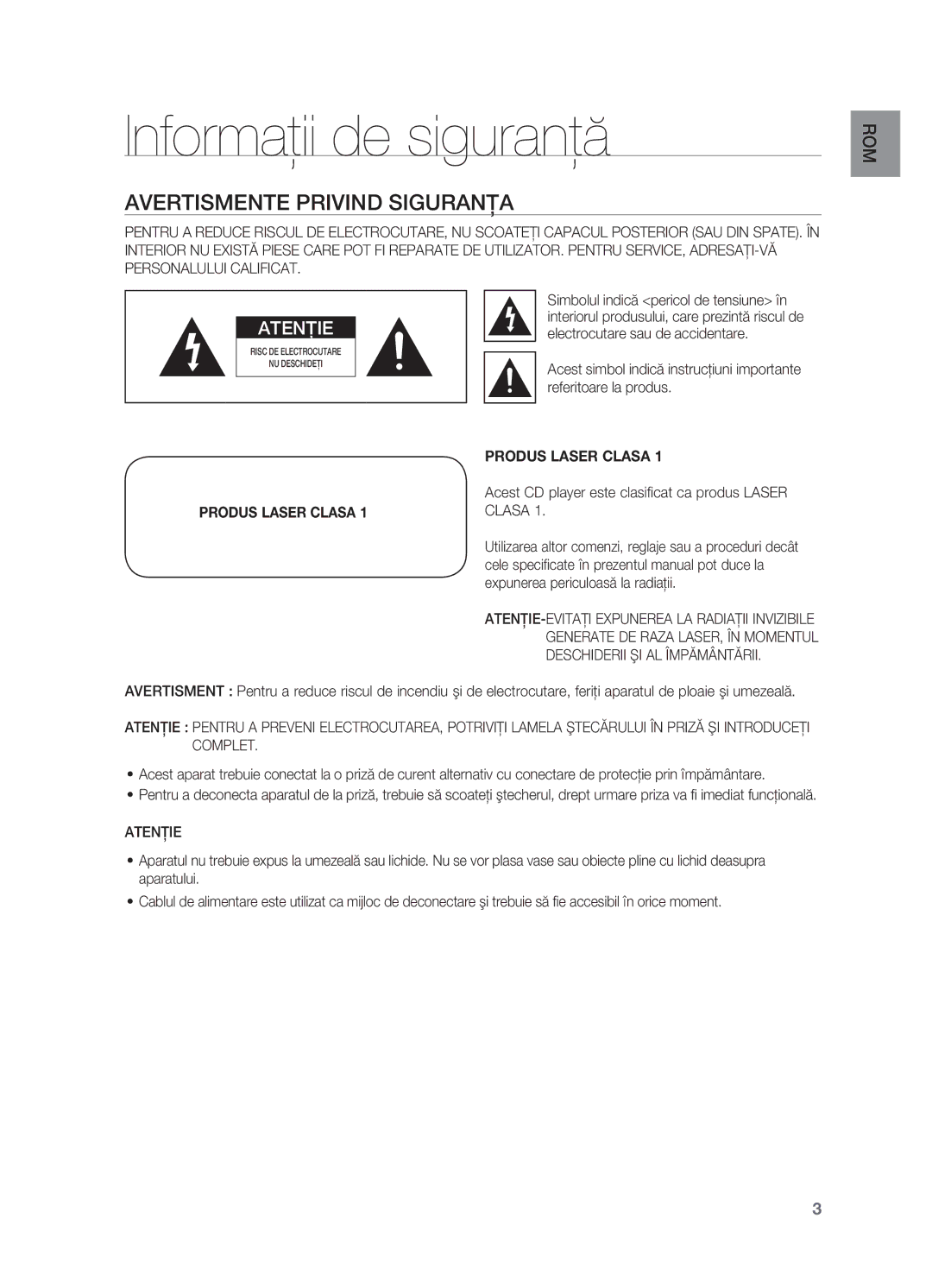 Samsung HT-TX725GT/EDC manual Informaţii de siguranţă, Avertismente privind siguranţa, Atenţie 