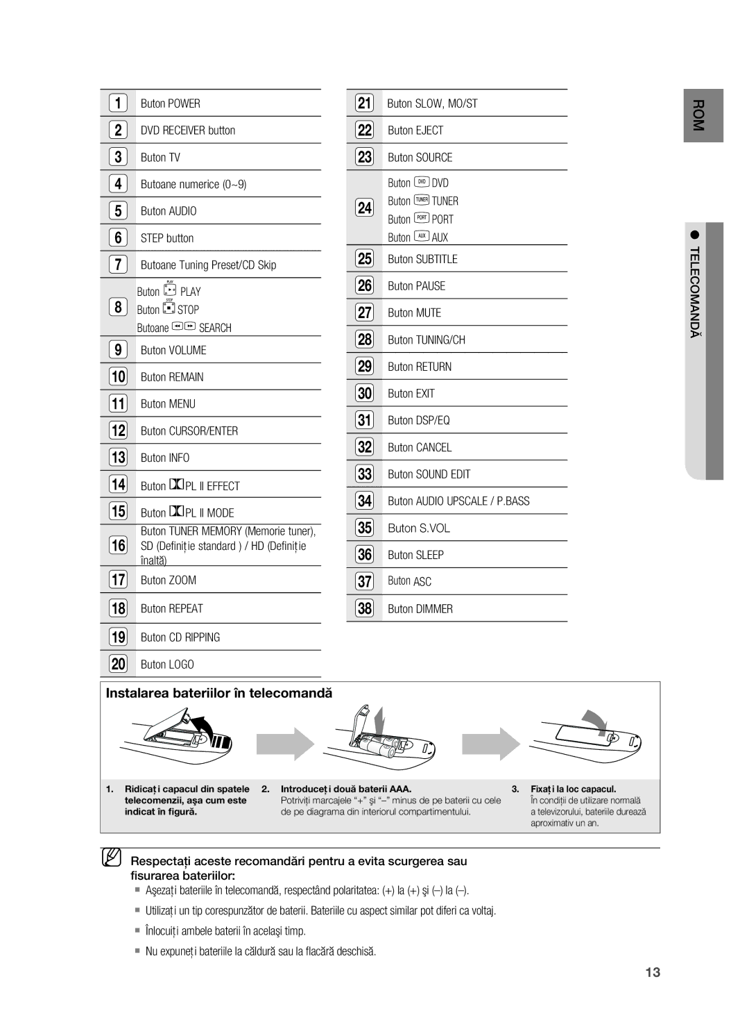 Samsung HT-TX725GT/EDC manual Instalarea bateriilor în telecomandă 