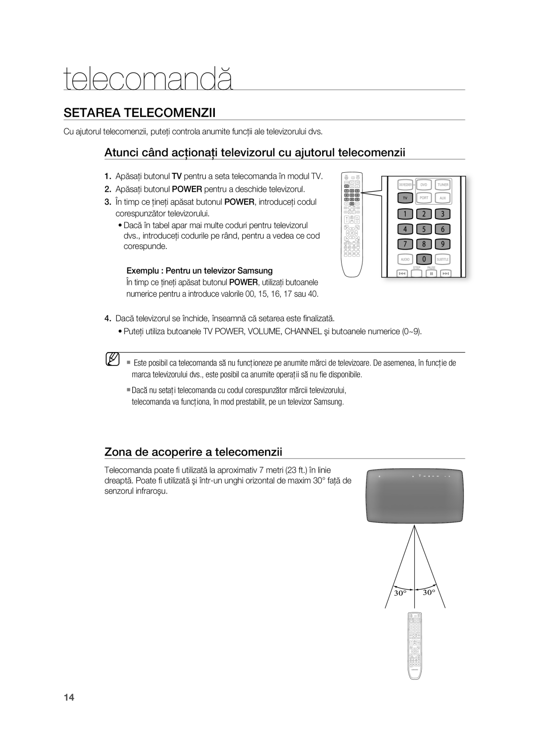 Samsung HT-TX725GT/EDC manual Setarea Telecomenzii, Atunci când acţionaţi televizorul cu ajutorul telecomenzii 