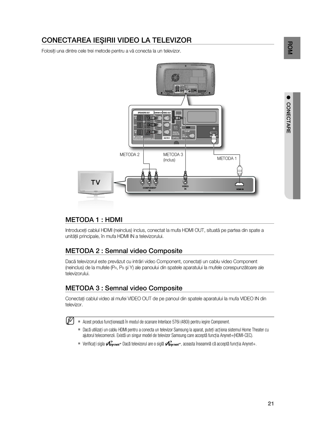 Samsung HT-TX725GT/EDC manual Conectarea Ieşirii Video LA Televizor, Metoda 2 Semnal video Composite 