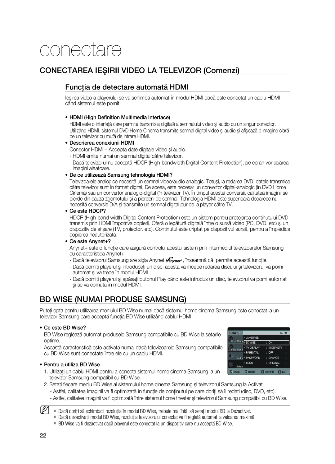 Samsung HT-TX725GT/EDC manual Conectarea ieşirii Video la televizor Comenzi, BD Wise numai produse Samsung 