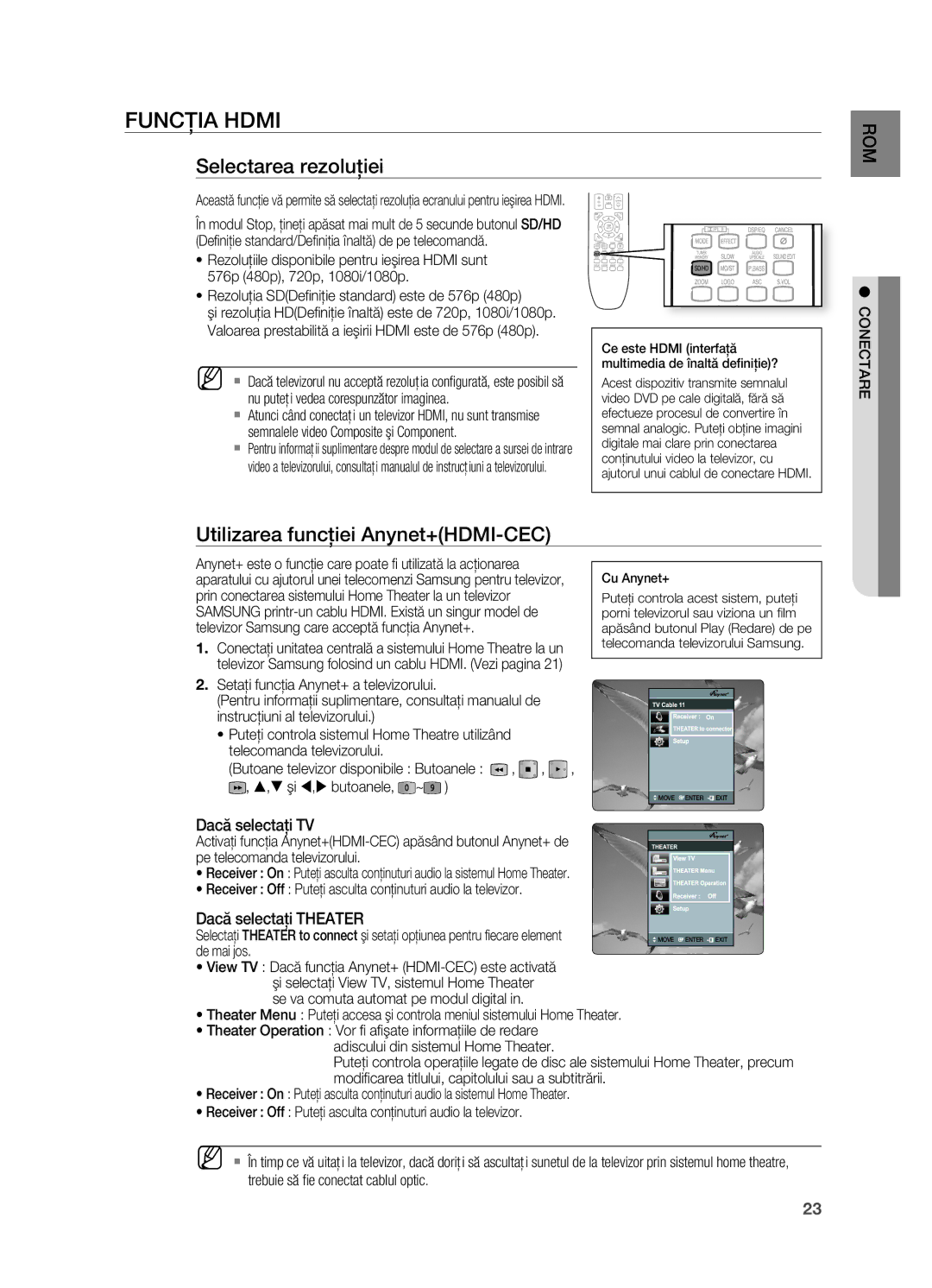 Samsung HT-TX725GT/EDC manual FUNCţIA Hdmi, Selectarea rezoluţiei, Utilizarea funcţiei Anynet+HDMI-CEC, Dacă selectaţi TV 