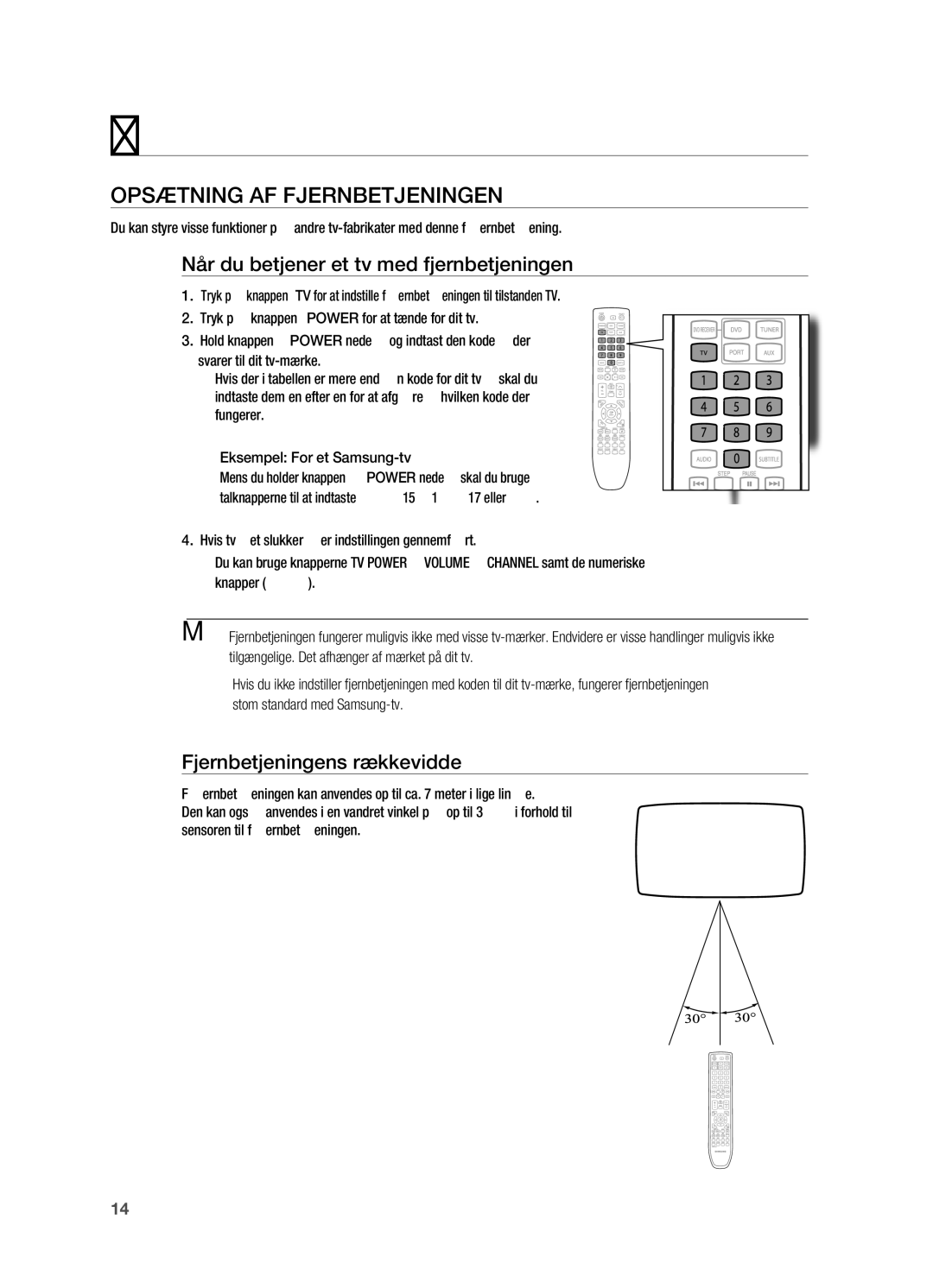 Samsung HT-TX725GT/XEE, HT-X725GT/XEE manual OPSæTNING AF FjERNBETjENINGEN, Når du betjener et tv med fjernbetjeningen 