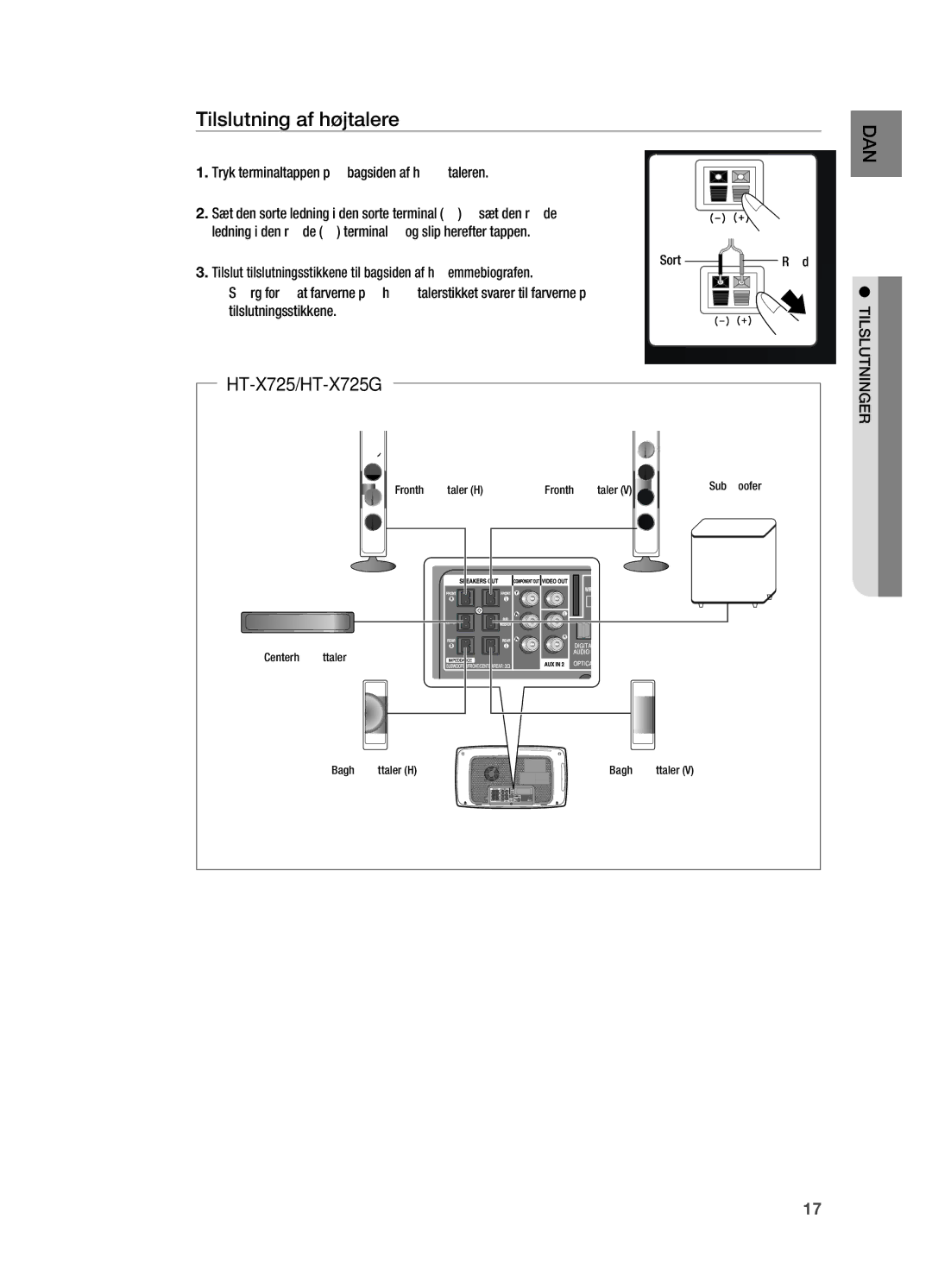 Samsung HT-X725GT/XEE manual Tilslutning af højtalere, Tryk terminaltappen på bagsiden af højtaleren, Tilslutninger 