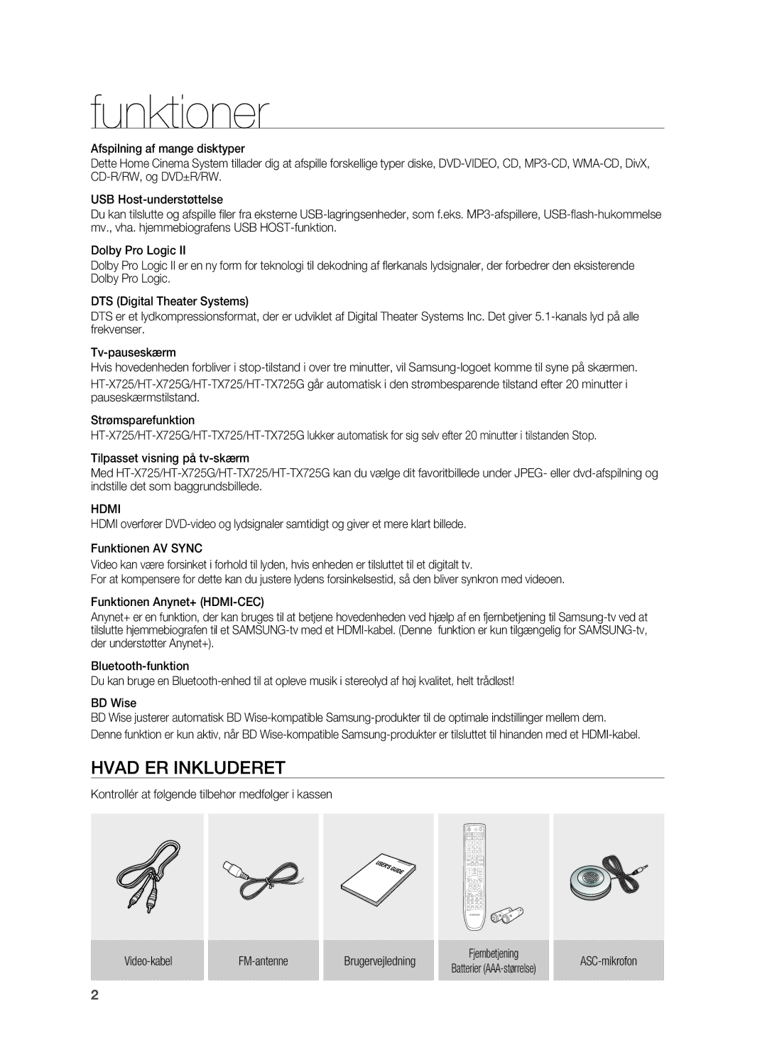 Samsung HT-TX725GT/XEE, HT-X725GT/XEE manual Funktioner, Hvad ER Inkluderet, Hdmi, ASC-mikrofon 