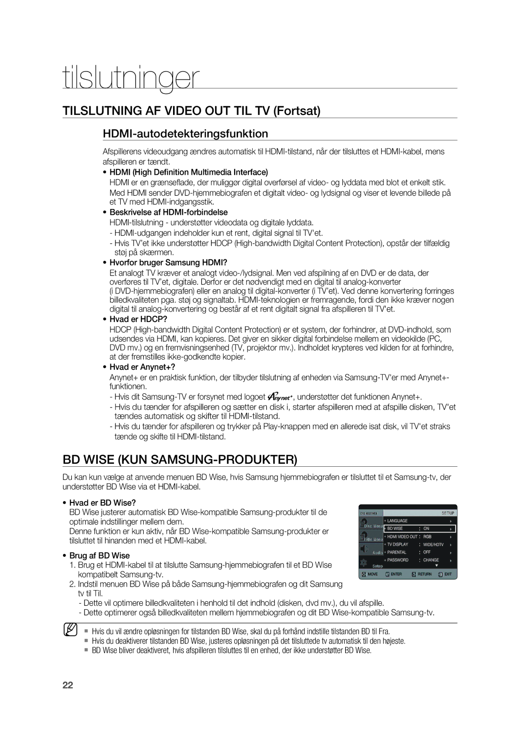 Samsung HT-TX725GT/XEE manual Tilslutning af Video Out til tv Fortsat, BD Wise kun Samsung-produkter, ~ Hvad er HDCP? 