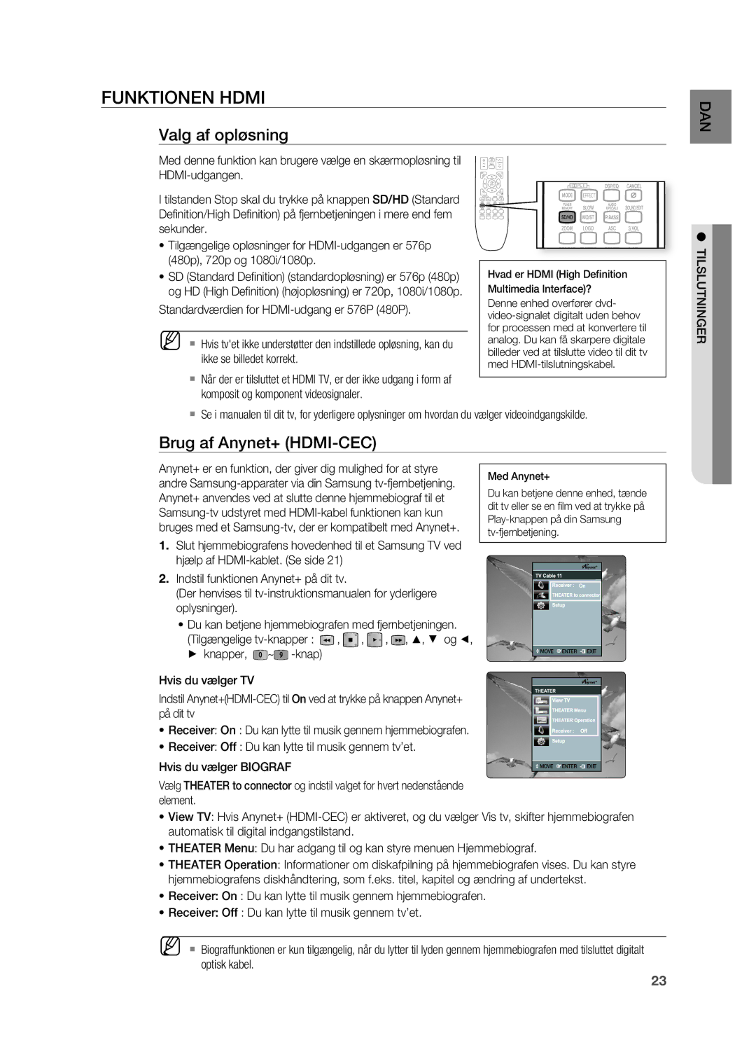 Samsung HT-X725GT/XEE, HT-TX725GT/XEE manual Funktionen Hdmi, Valg af opløsning, Brug af Anynet+ HDMI-CEC 