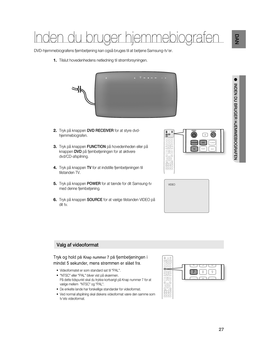 Samsung HT-X725GT/XEE, HT-TX725GT/XEE manual Inden du bruger hjemmebiografen 