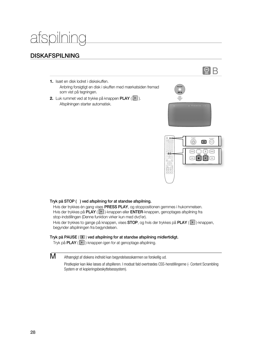 Samsung HT-TX725GT/XEE, HT-X725GT/XEE manual Afspilning, Diskafspilning 