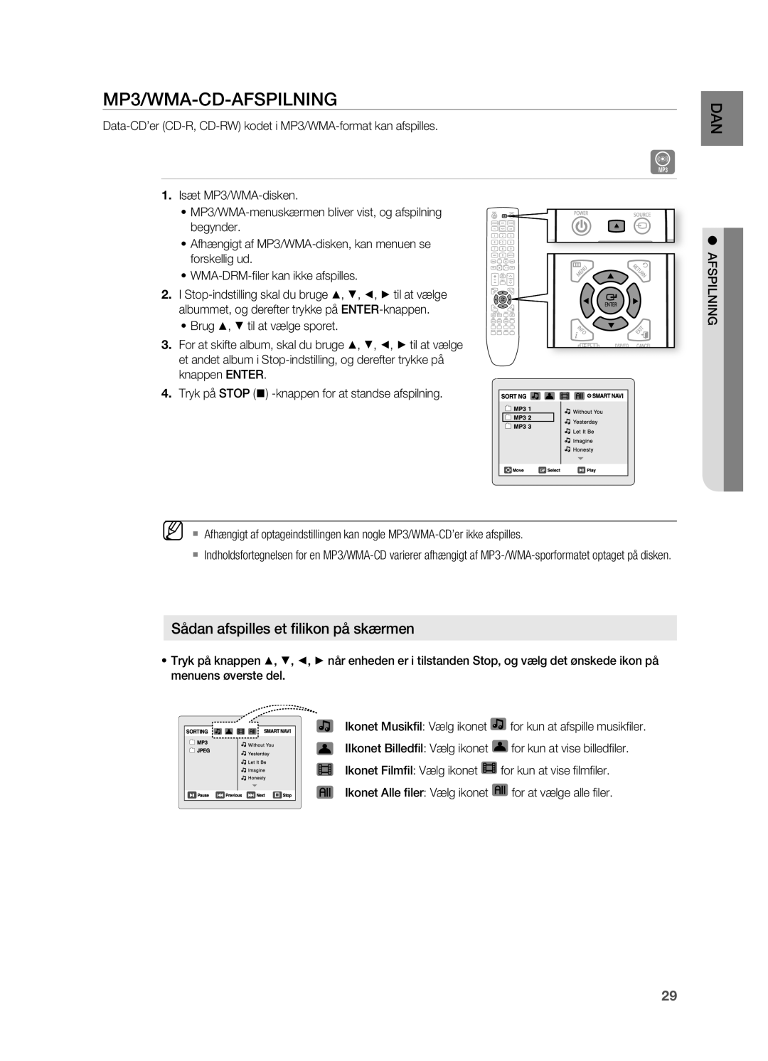 Samsung HT-X725GT/XEE manual MP3/WMA-CD-AFSPILNING, Data-CD’er CD-R, CD-RW kodet i MP3/WMA-format kan afspilles, Afspilning 