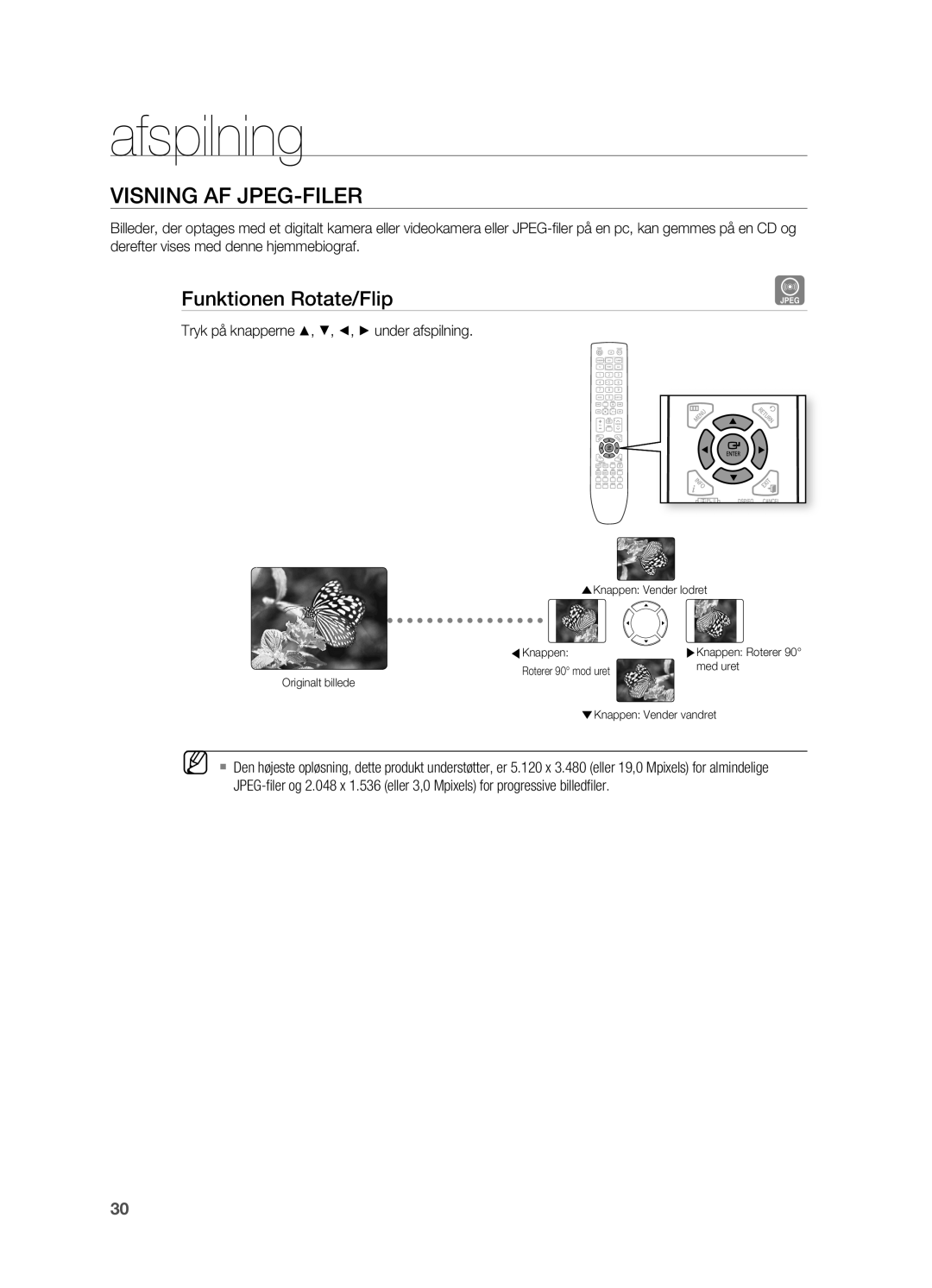 Samsung HT-TX725GT/XEE manual Visning AF jPEG-FILER, Funktionen Rotate/Flip, Tryk på knapperne $, %, , + under afspilning 