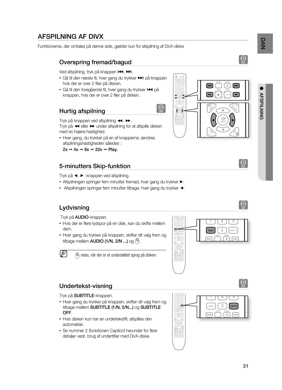 Samsung HT-X725GT/XEE, HT-TX725GT/XEE manual Afspilning AF Divx 