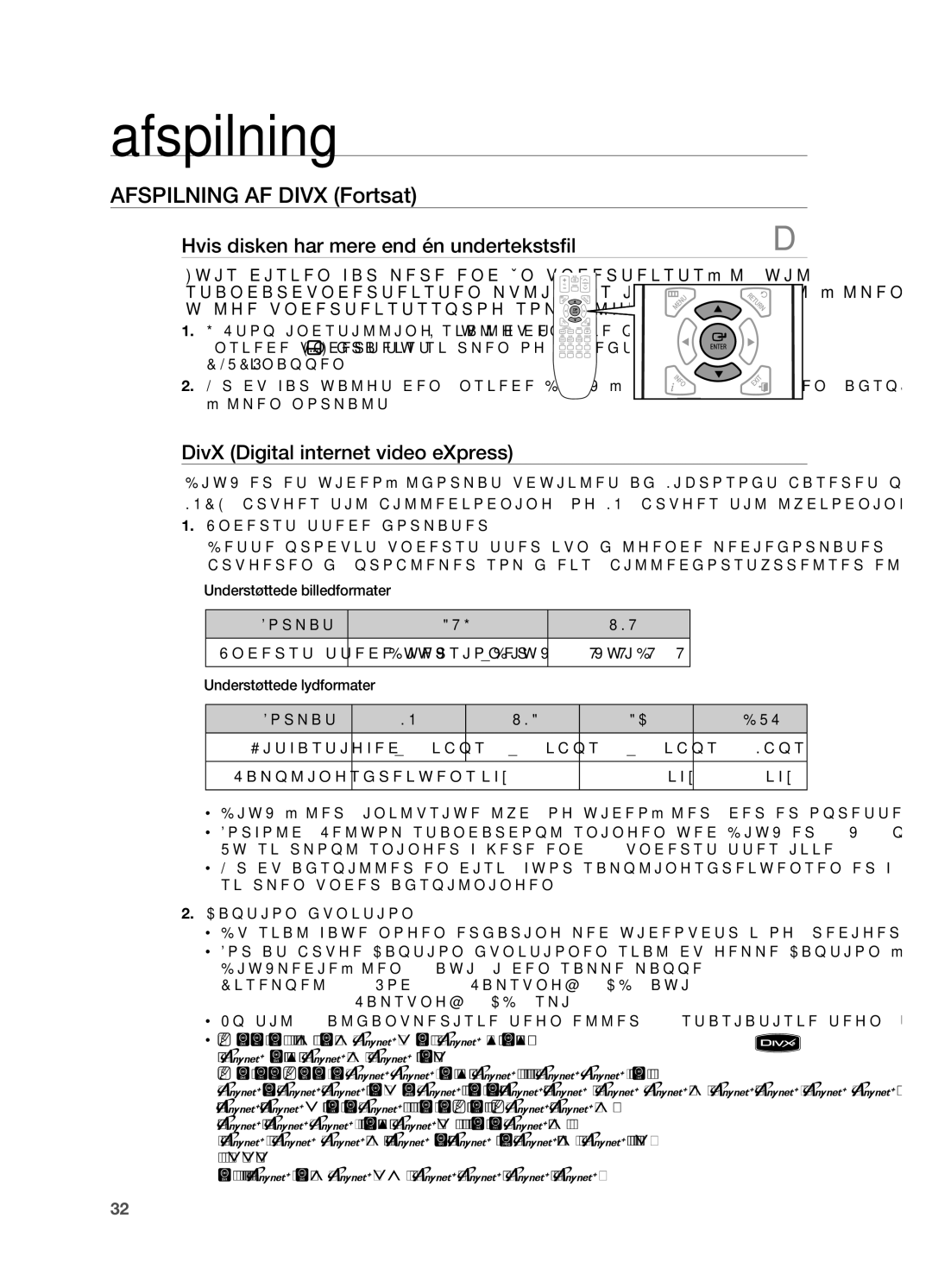 Samsung HT-TX725GT/XEE manual Afspilning AF Divx Fortsat, Hvis disken har mere end én undertekstsfi l, Avi Wmv, Dts 