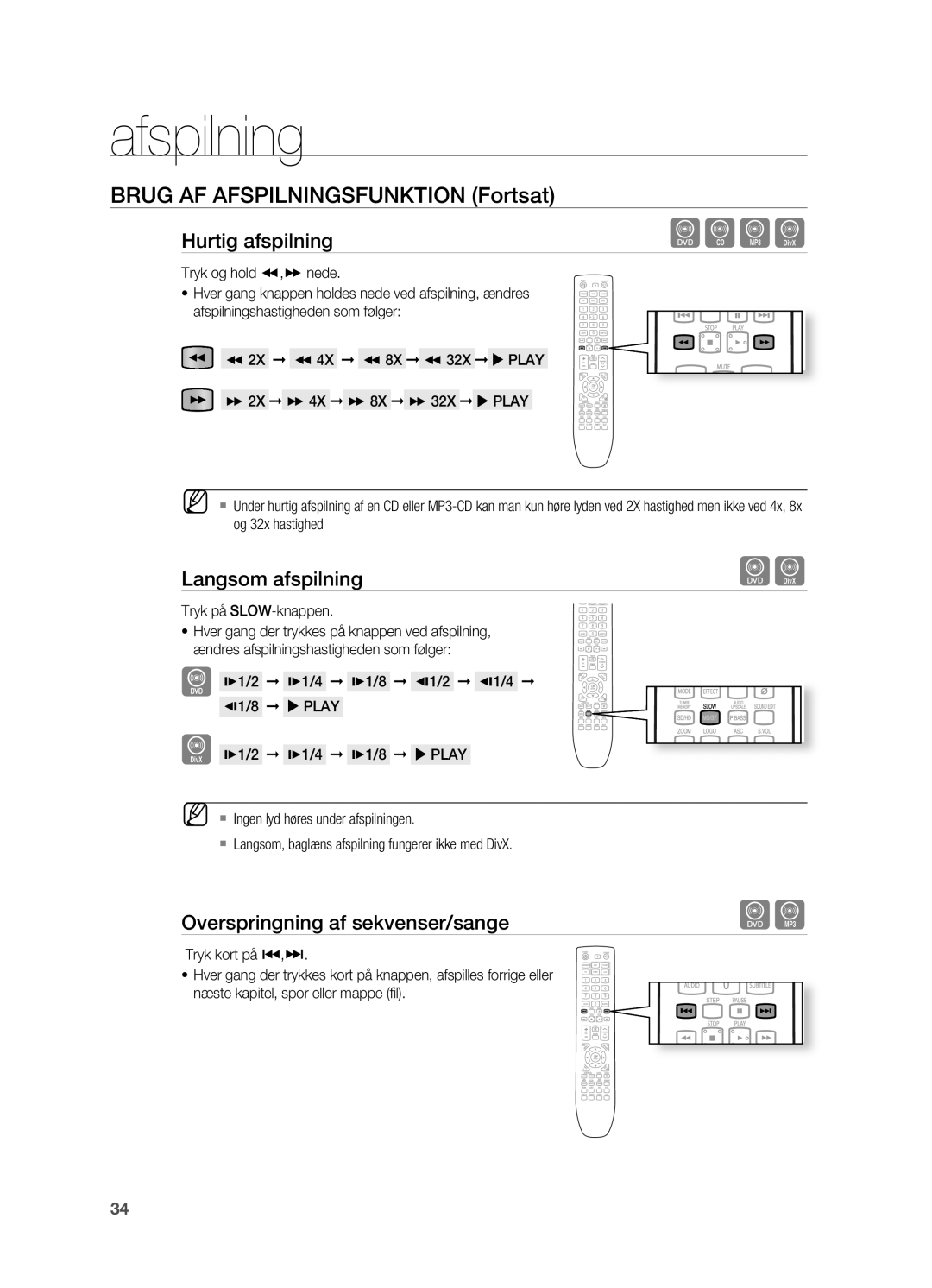 Samsung HT-TX725GT/XEE manual Brug AF Afspilningsfunktion Fortsat, Langsom afspilning, Overspringning af sekvenser/sange 