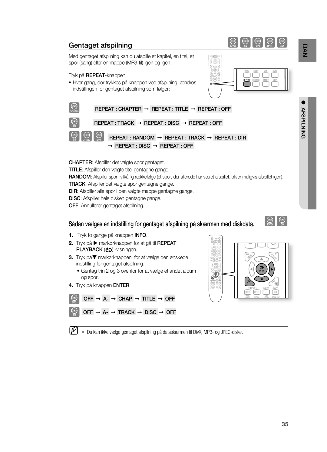 Samsung HT-X725GT/XEE manual Gentaget afspilning, Tryk på REPEAT-knappen, OFF A- Chap Title OFF OFF A- Track Disc OFF 