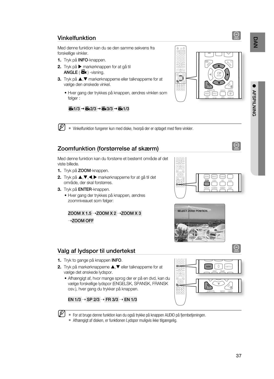 Samsung HT-X725GT/XEE Vinkelfunktion, Zoomfunktion forstørrelse af skærm, Valg af lydspor til undertekst, Zoom X ZOOM OFF 