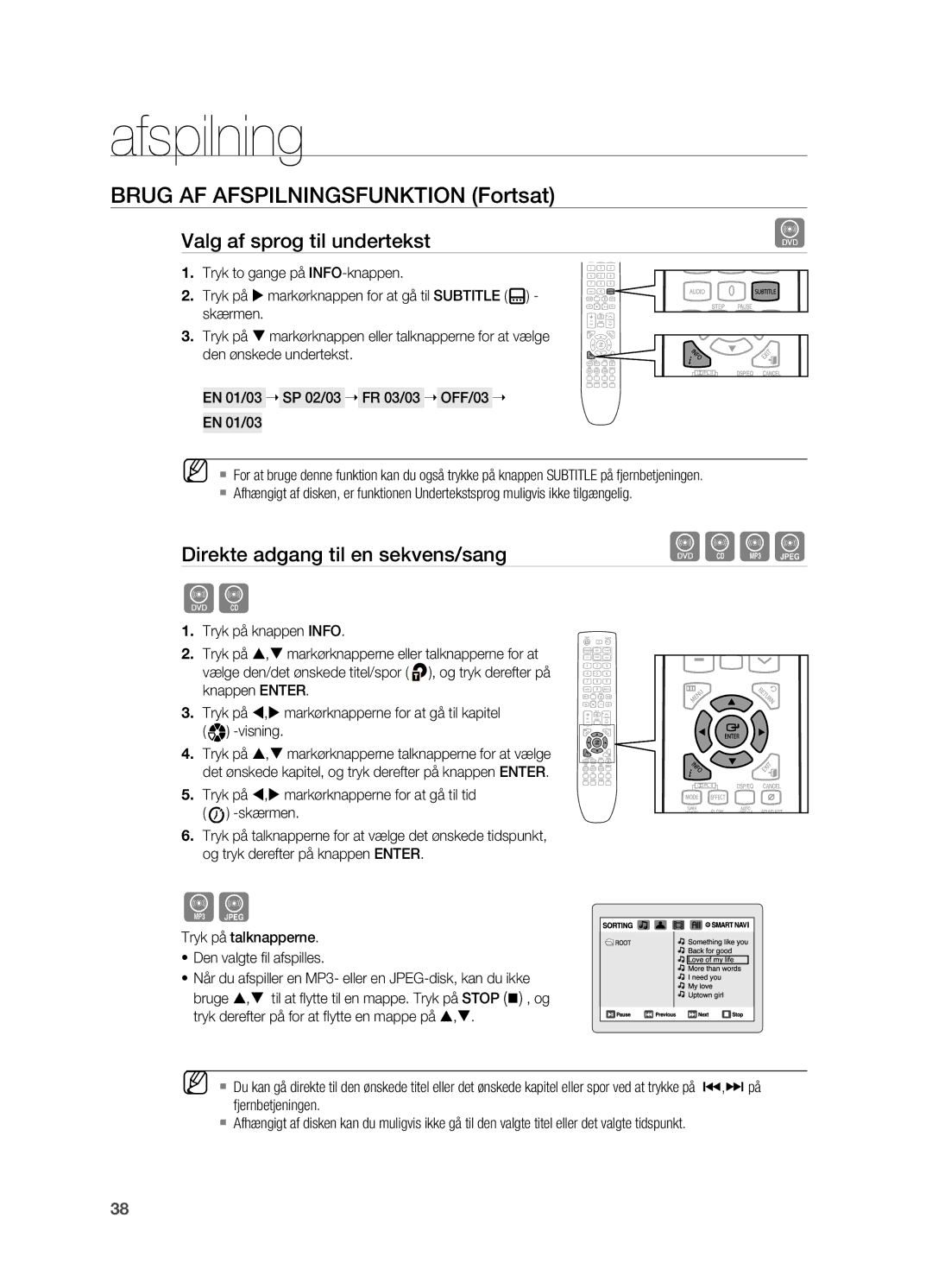 Samsung HT-TX725GT/XEE, HT-X725GT/XEE manual Valg af sprog til undertekst, Direkte adgang til en sekvens/sang 