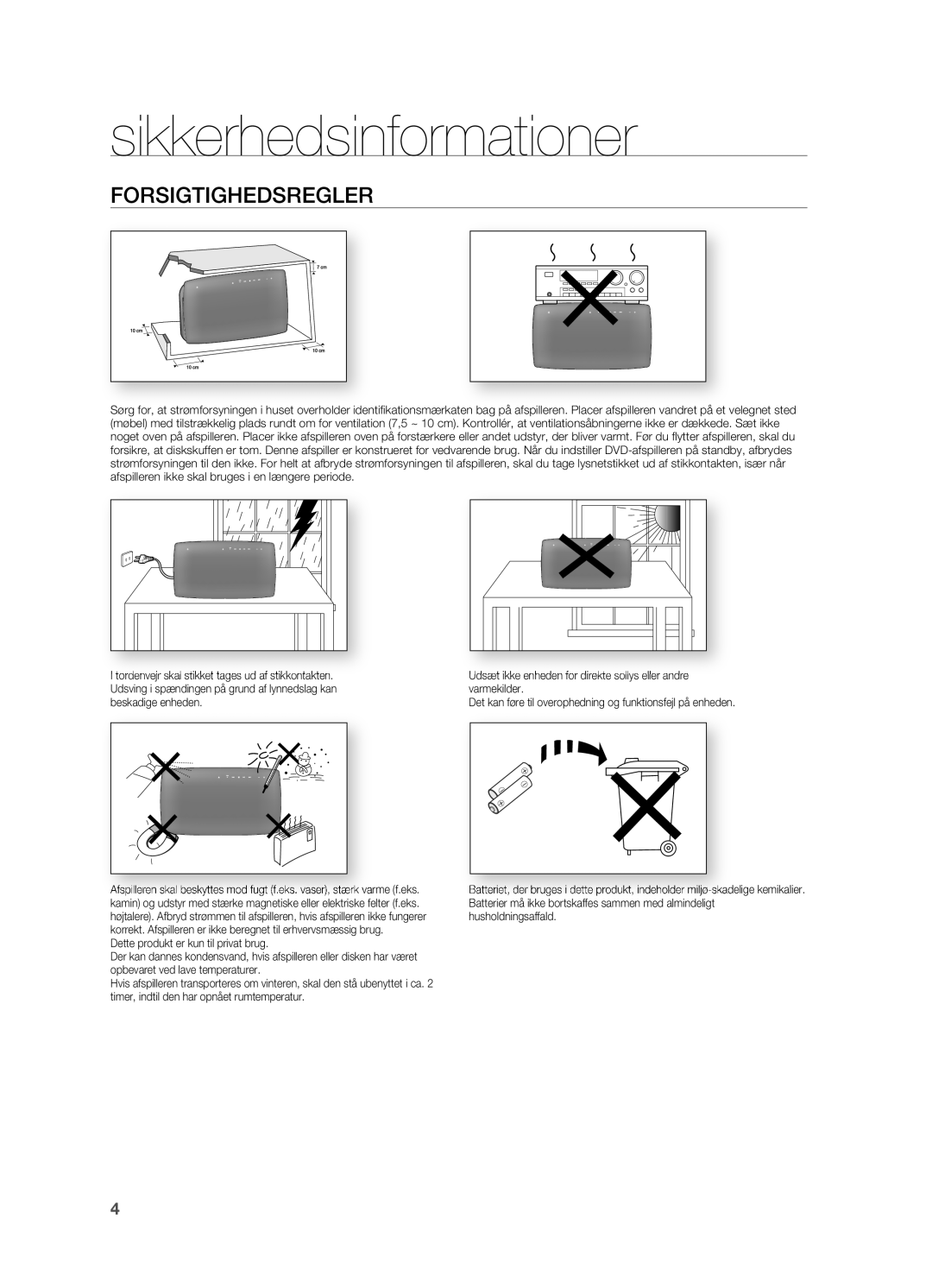 Samsung HT-TX725GT/XEE, HT-X725GT/XEE manual Forsigtighedsregler 