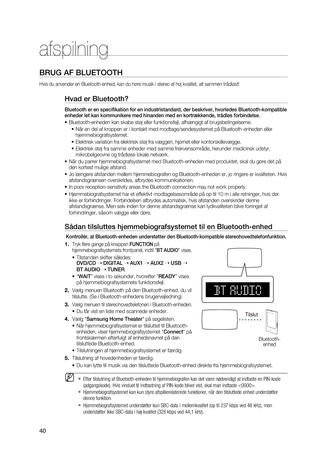 Samsung HT-TX725GT/XEE, HT-X725GT/XEE manual Brug af Bluetooth, Hvad er Bluetooth?, Vælg Samsung Home Theater på søgelisten 