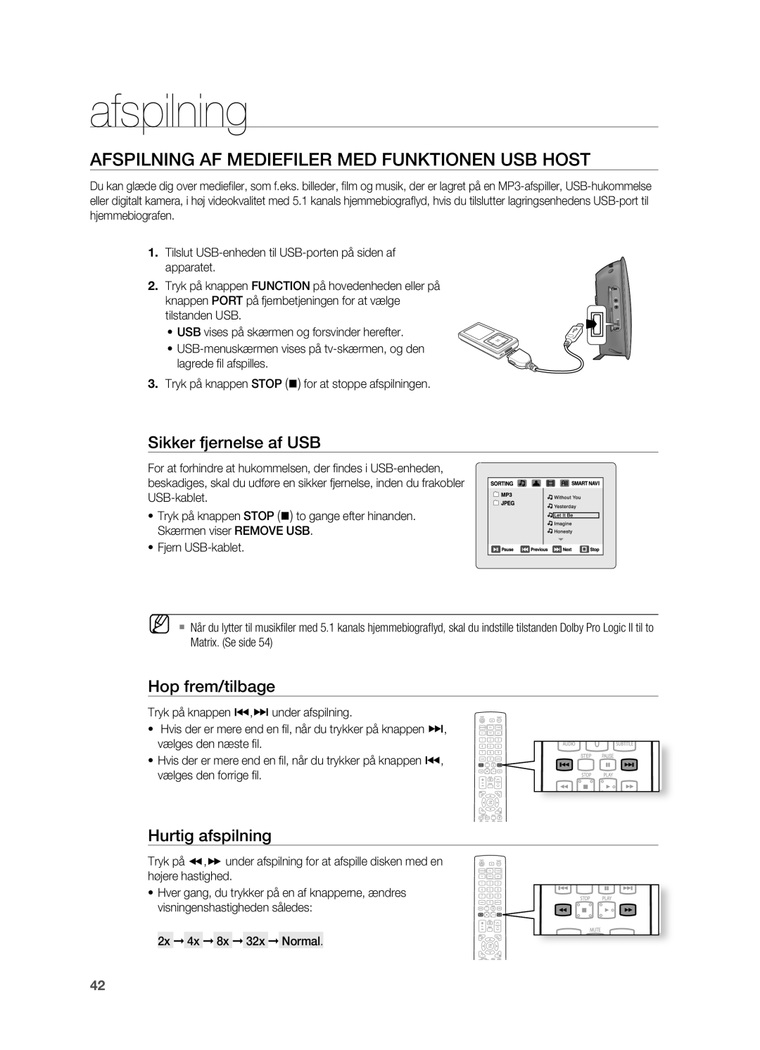 Samsung HT-TX725GT/XEE manual Afspilning AF Mediefiler MED Funktionen USB Host, Sikker fjernelse af USB, Hop frem/tilbage 