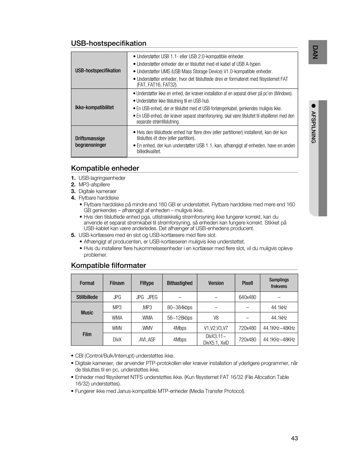 Samsung HT-X725GT/XEE, HT-TX725GT/XEE manual USB-hostspecifikation, Kompatible enheder, Kompatible filformater 