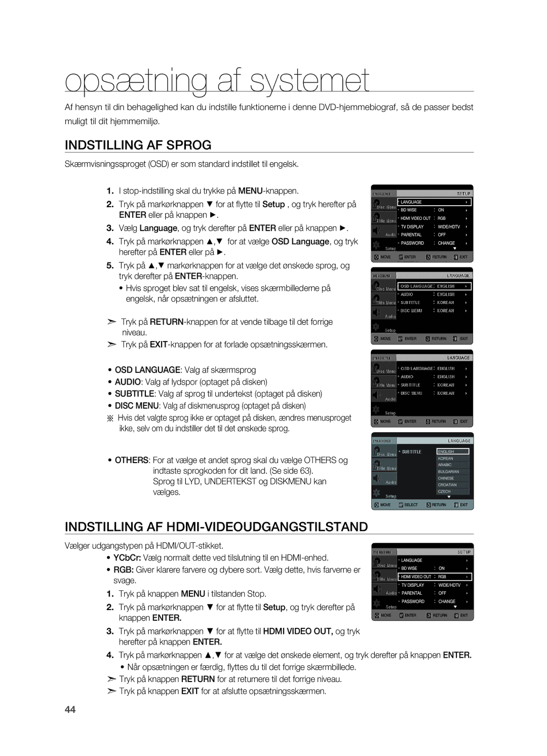 Samsung HT-TX725GT/XEE manual Opsætning af systemet, Indstilling af sprog, Indstilling af HDMI-VIDEOUDGANGSTILSTAND 