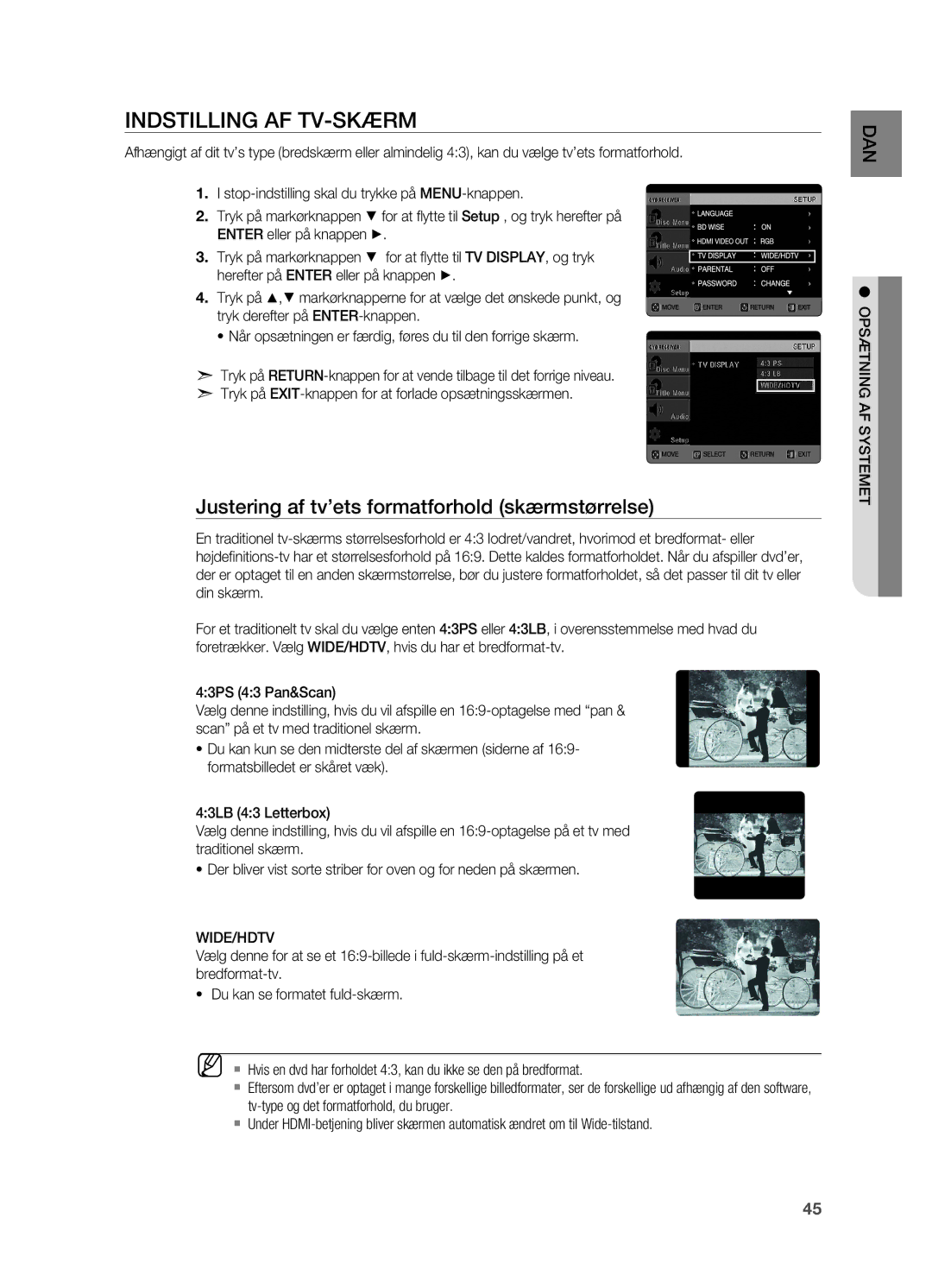 Samsung HT-X725GT/XEE, HT-TX725GT/XEE Indstilling af tv-skærm, Justering af tv’ets formatforhold skærmstørrelse, Wide/Hdtv 