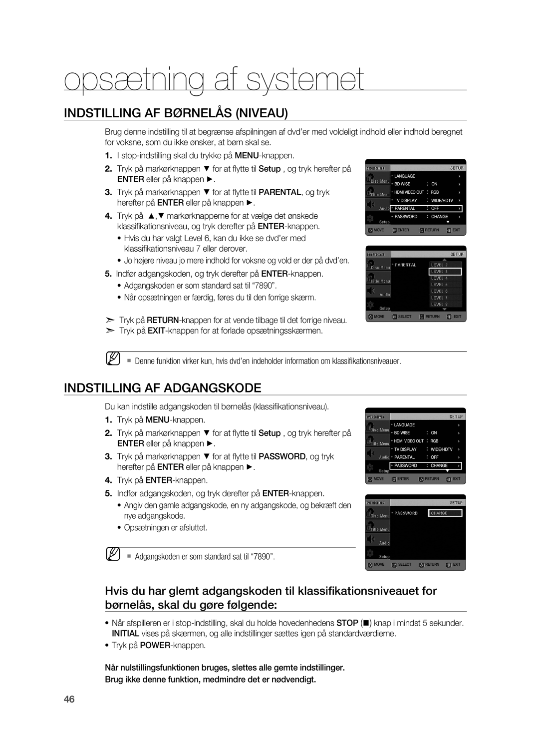 Samsung HT-TX725GT/XEE, HT-X725GT/XEE manual Indstilling af børnelås Niveau, Indstilling af adgangskode 