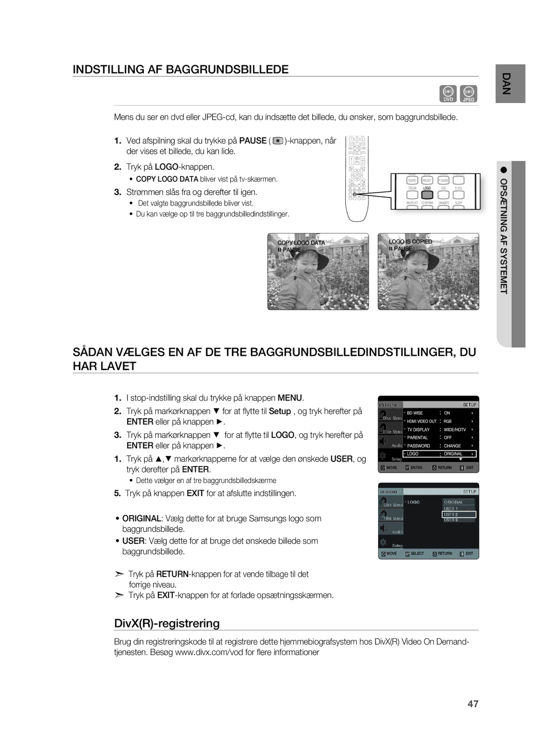 Samsung HT-X725GT/XEE, HT-TX725GT/XEE manual DivXR-registrering, . Strømmen slås fra og derefter til igen 