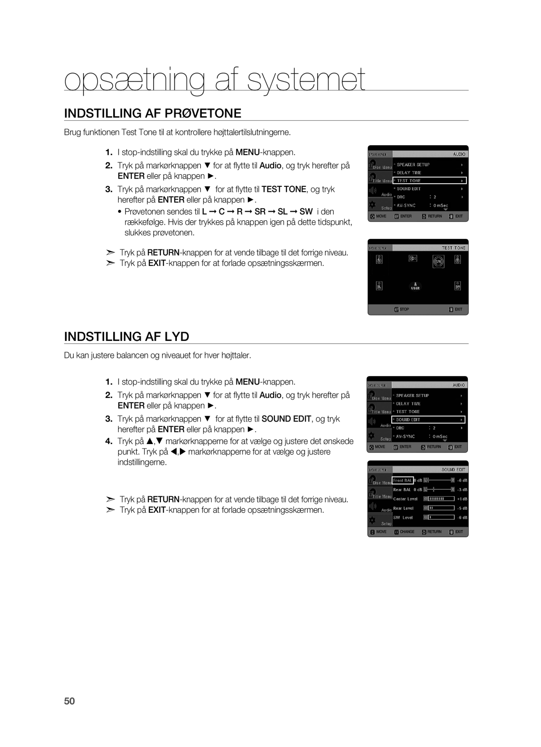 Samsung HT-TX725GT/XEE, HT-X725GT/XEE manual Indstilling af prøvetone, Indstilling af lyd 