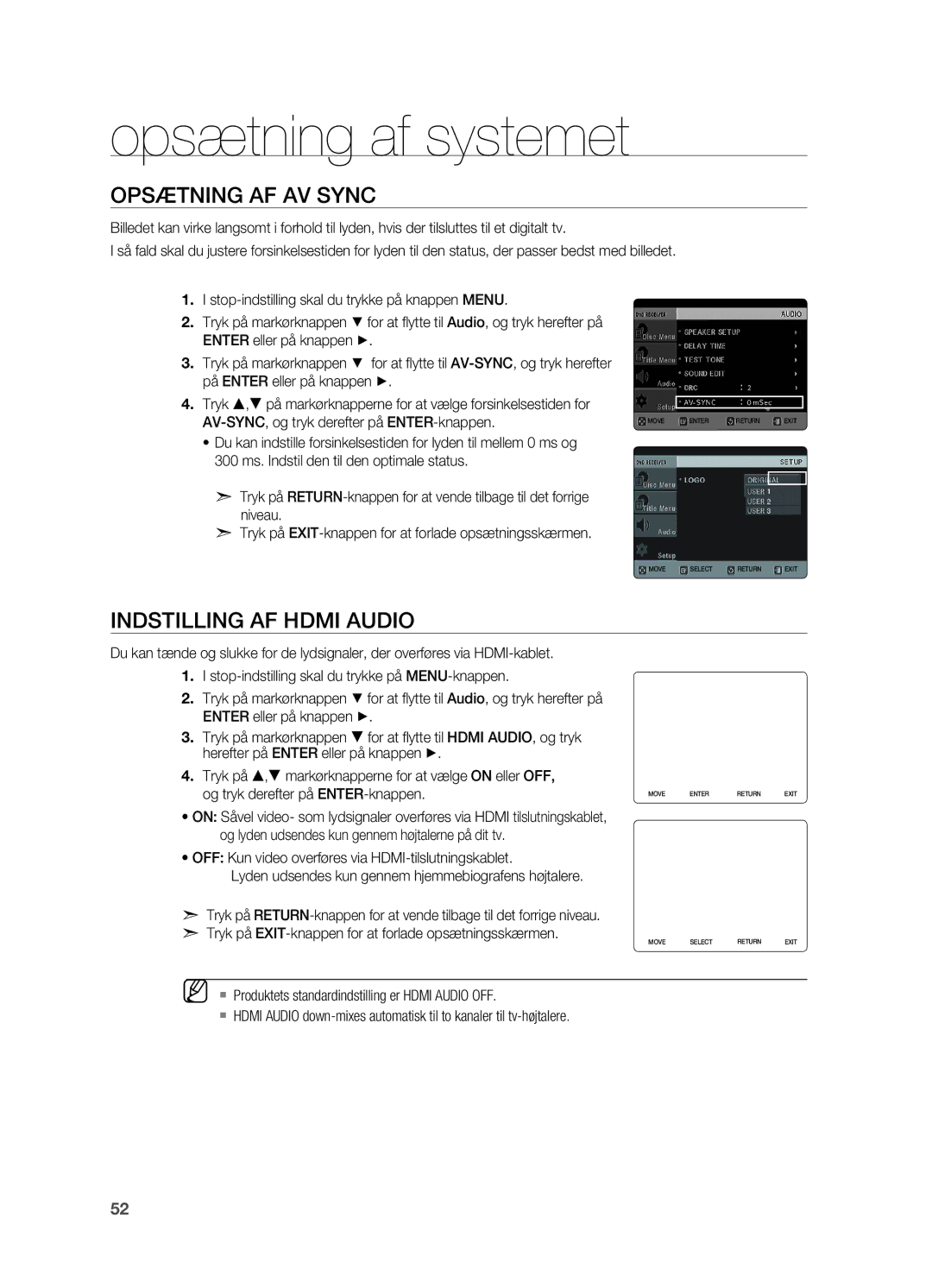 Samsung HT-TX725GT/XEE manual Opsætning af AV Sync, Indstilling af Hdmi Audio, AV-SYNC, og tryk derefter på ENTER-knappen 