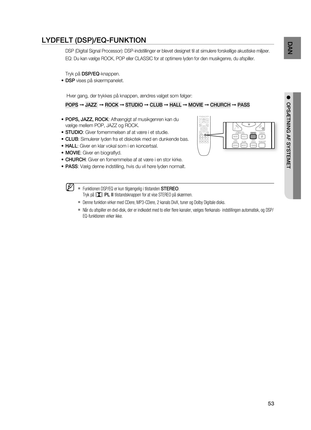 Samsung HT-X725GT/XEE, HT-TX725GT/XEE manual Lydfelt DSP/EQ-FUNKTION 